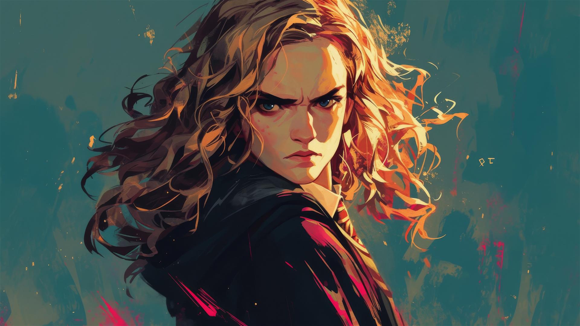 Artistic isolated drawing of Hermione Granger with spotlight effect on dark background