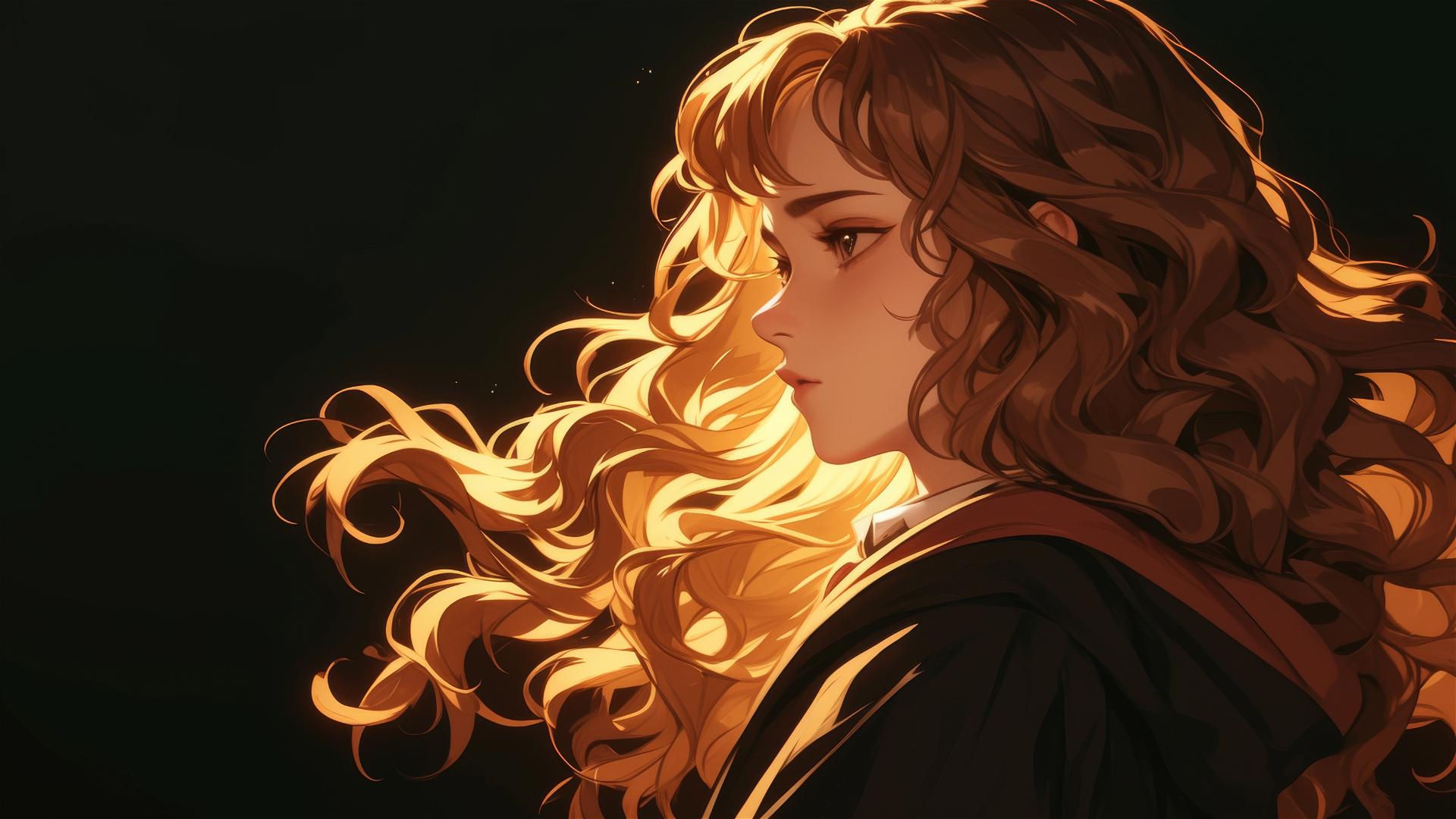 Artistic isolated drawing of Hermione Granger with a spotlight effect on a dark background