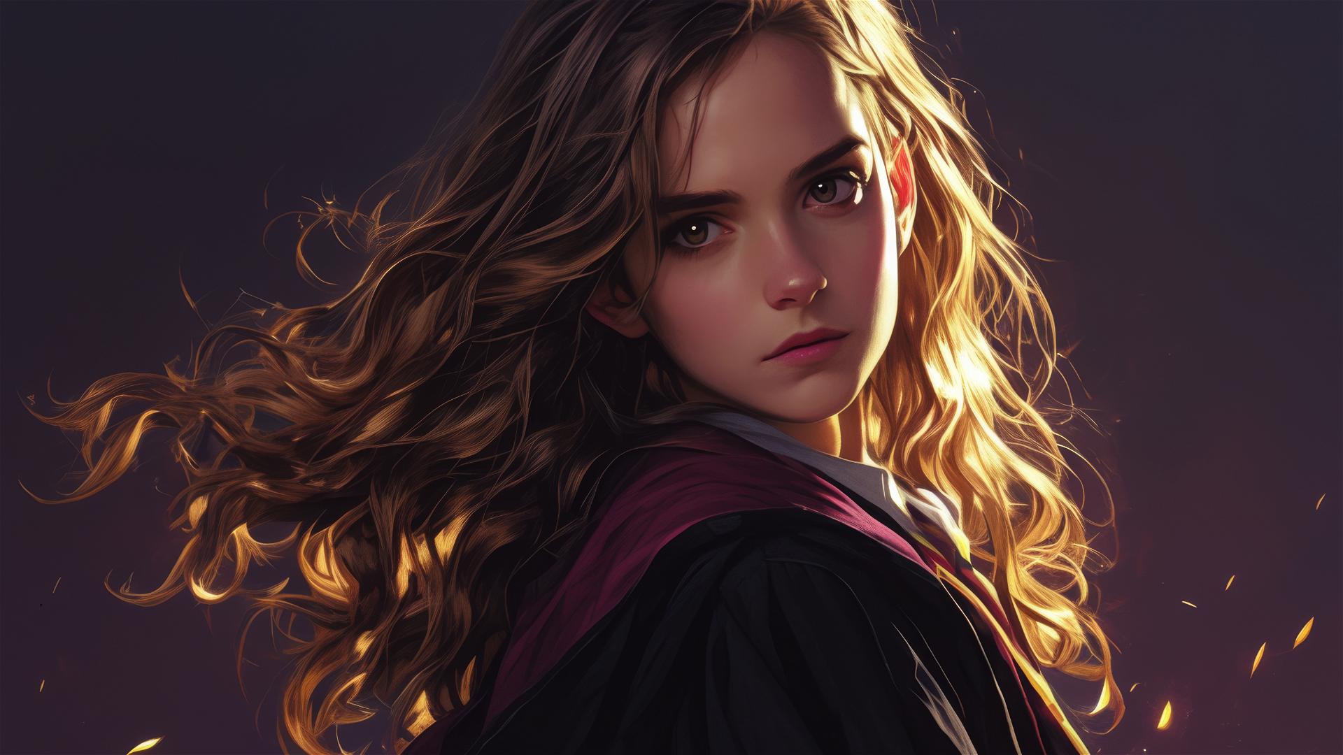 Artistic illustration of Hermione Granger with dark background and spotlight effect
