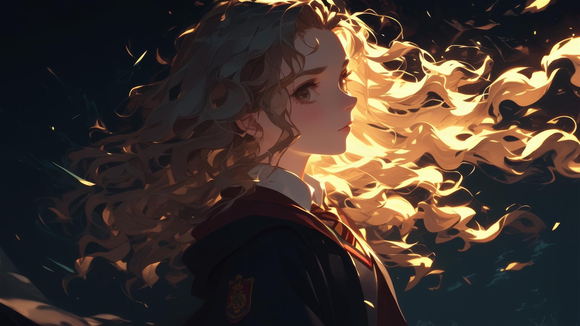 Hermione Granger drawing on dark background with spotlight effect