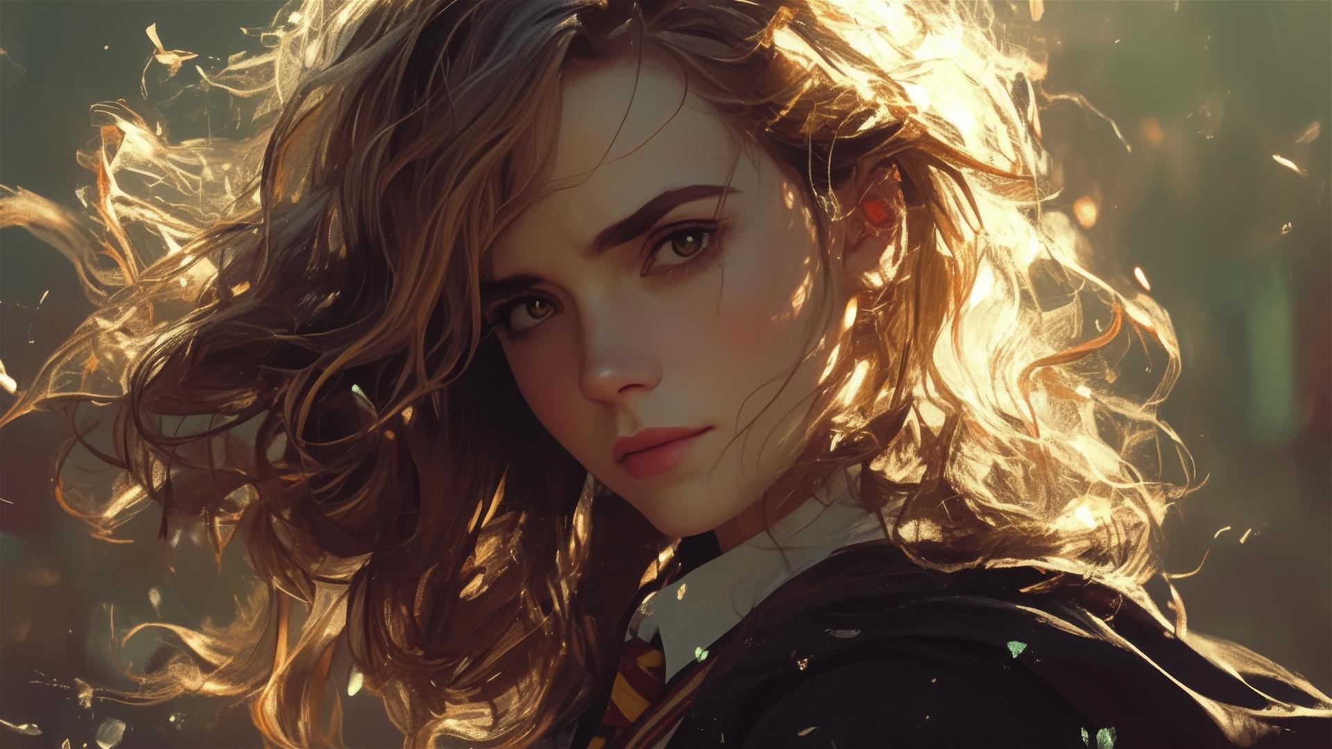 Artistic spotlight on Hermione Granger drawing on dark background
