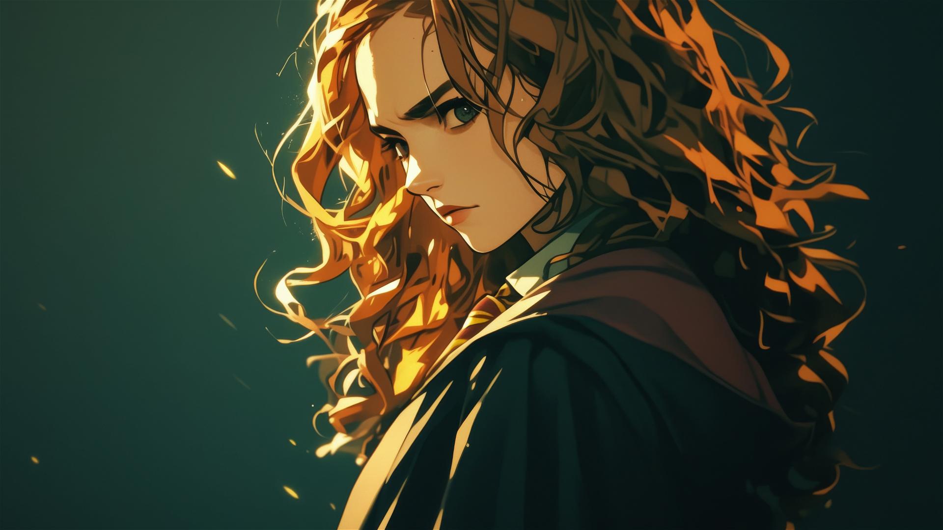 Artistic image of Hermione Granger with dark background and spotlight effect