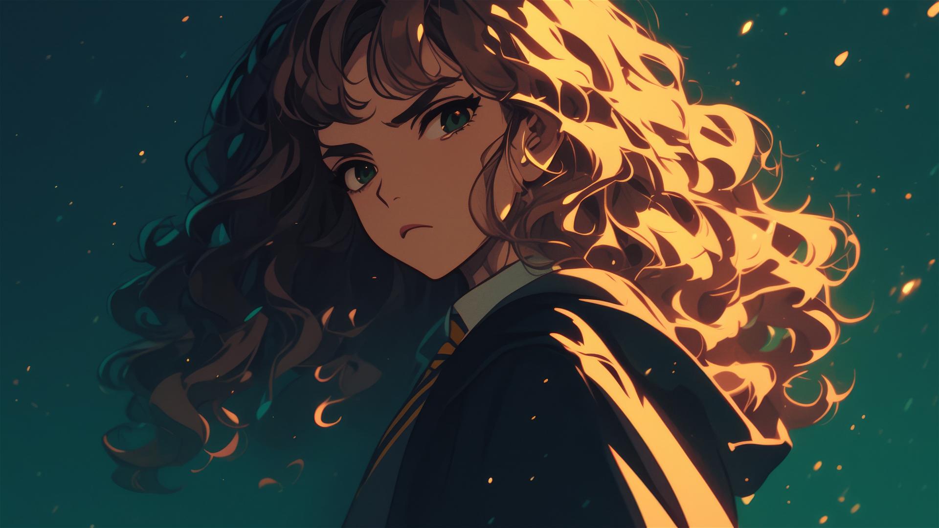 Artistic illustration of Hermione Granger with dark background