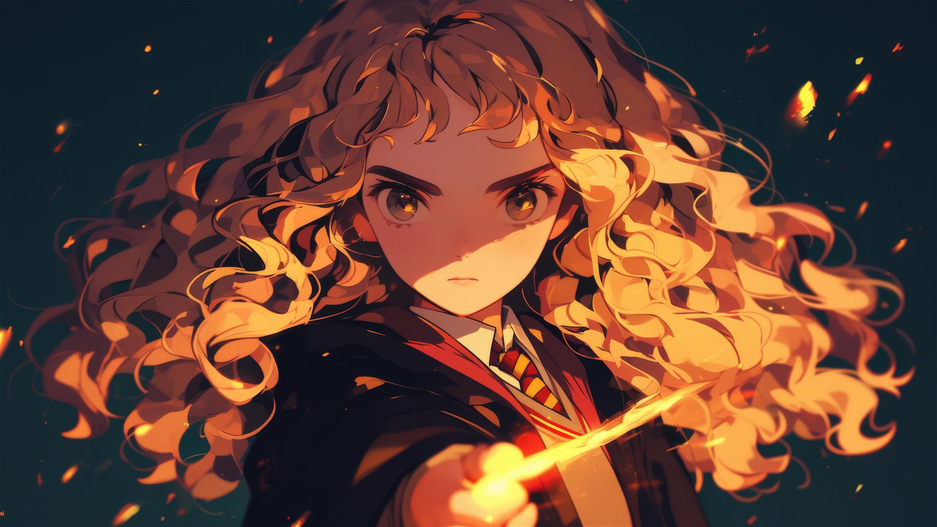 Artistic illustration of Hermione Granger against a dark background with spotlight effect