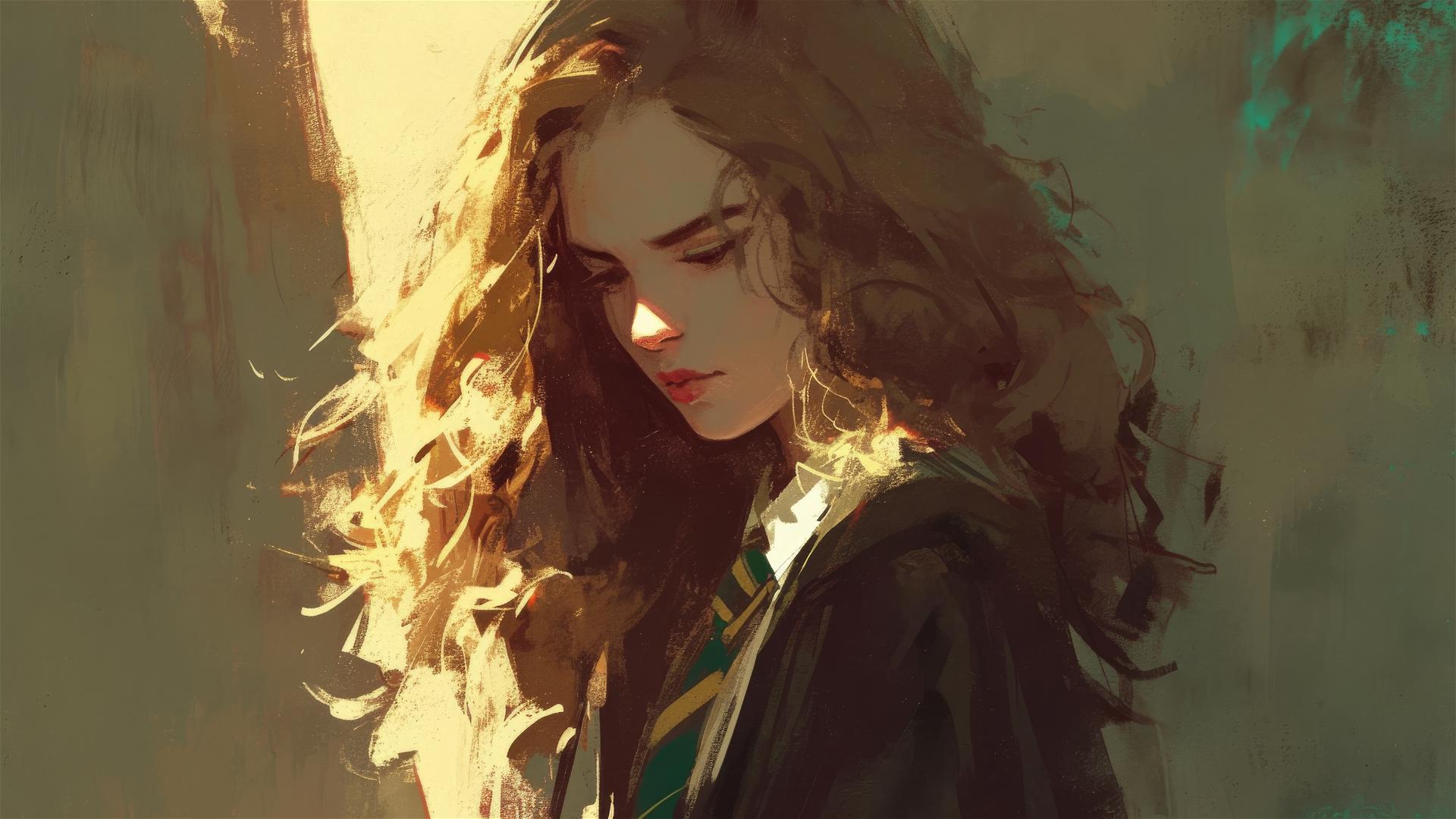 Dark, artistic image of Hermione Granger isolated with spotlight