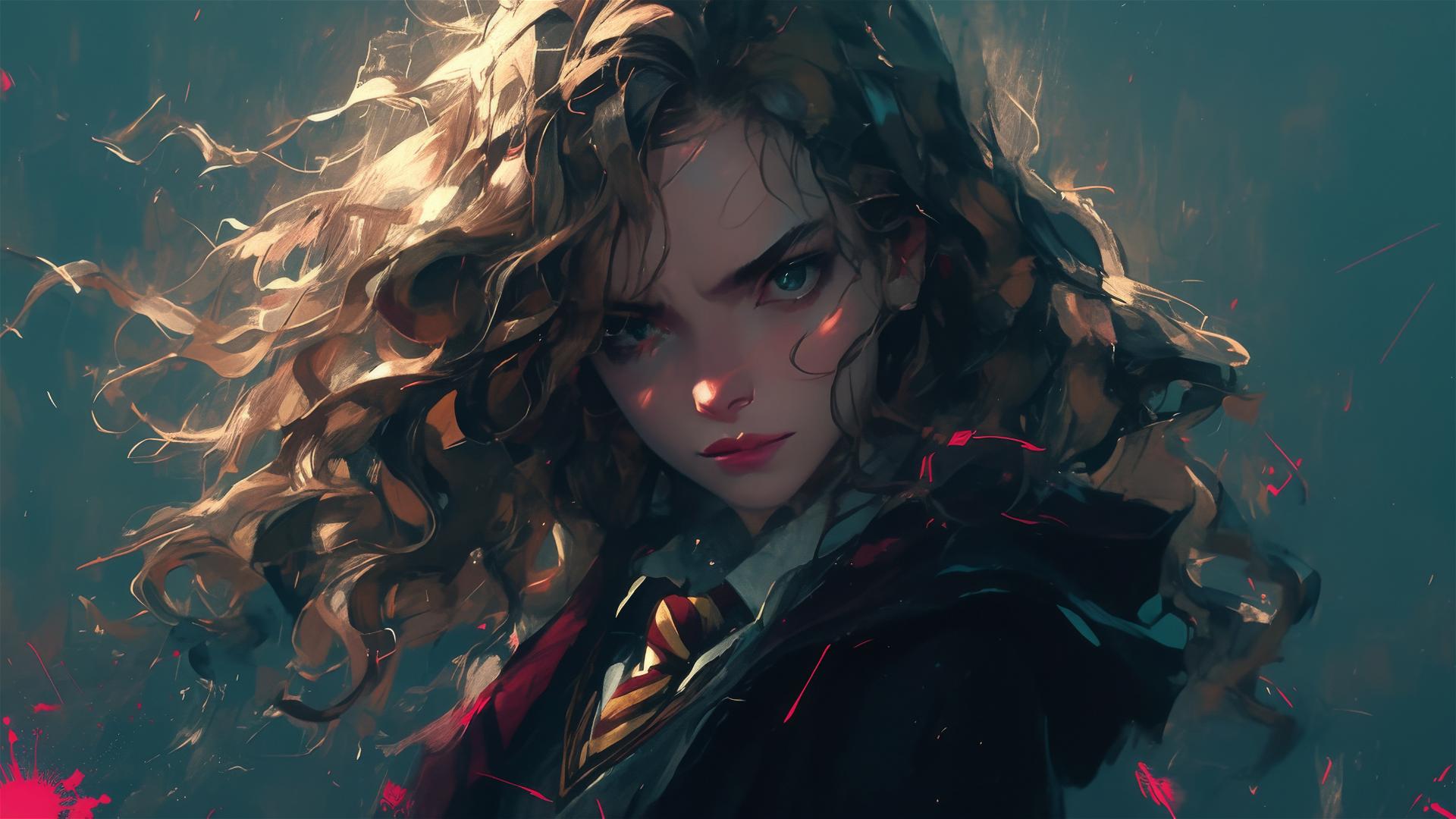Illustration of Hermione Granger on dark background with spotlight