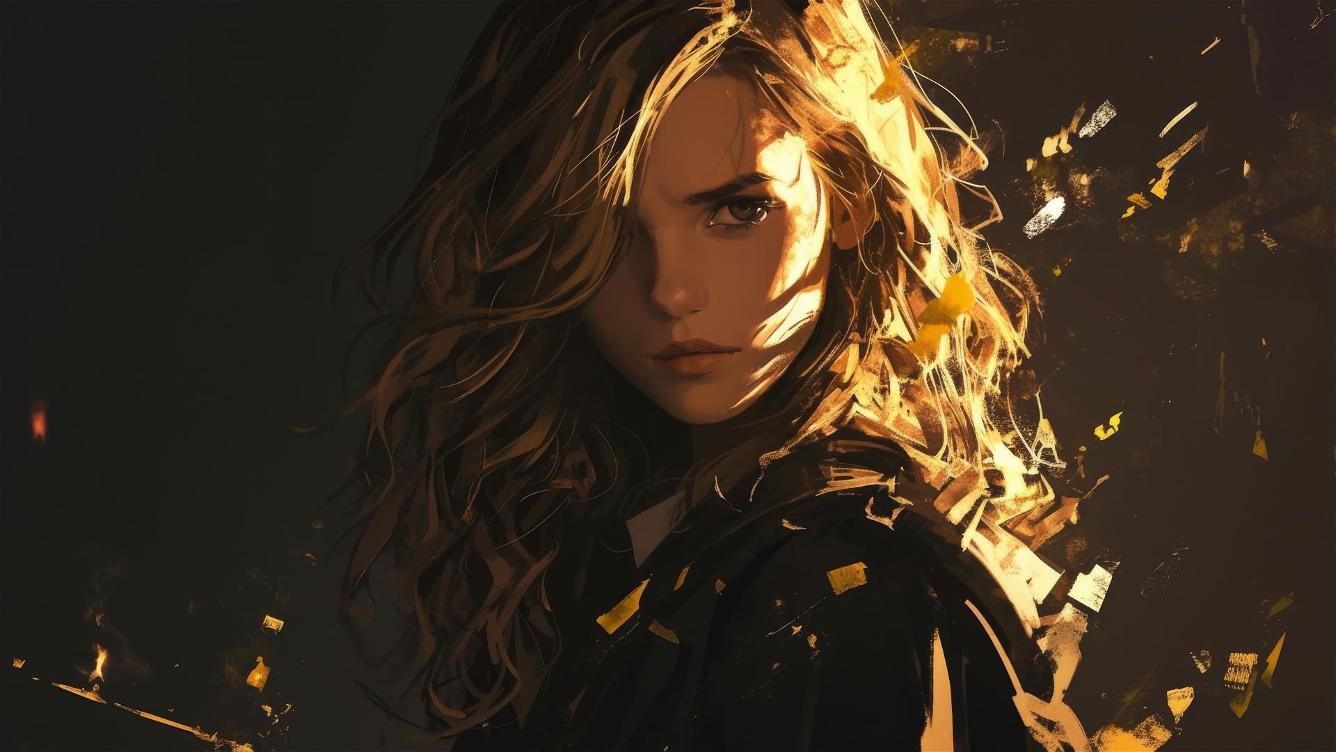 Artistic illustration of Hermione Granger on a dark background with spotlight