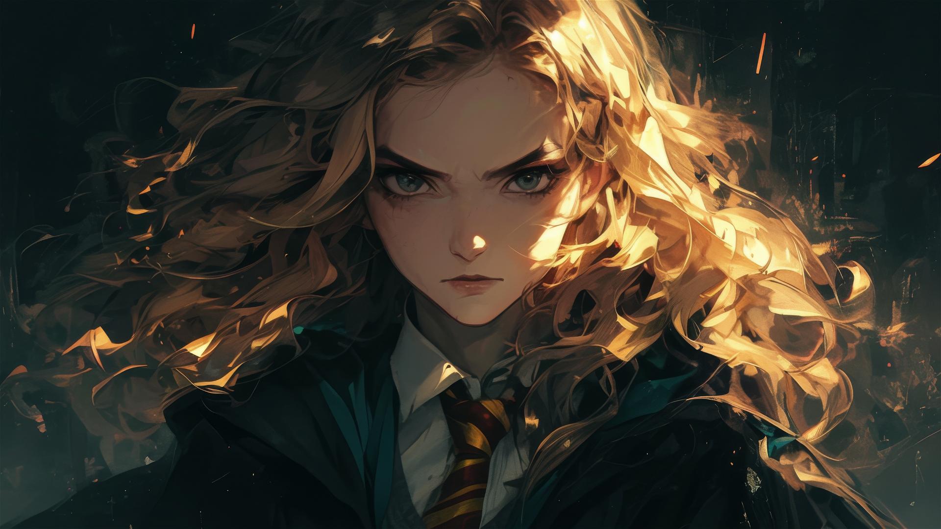 Hermione Granger drawing with dark background and spotlight