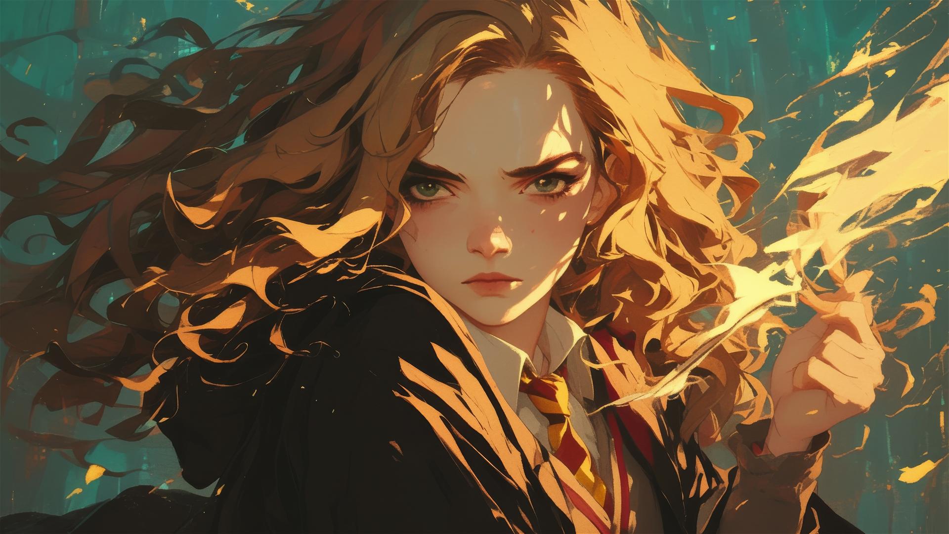 Artistic illustration of Hermione Granger with spotlight on dark background