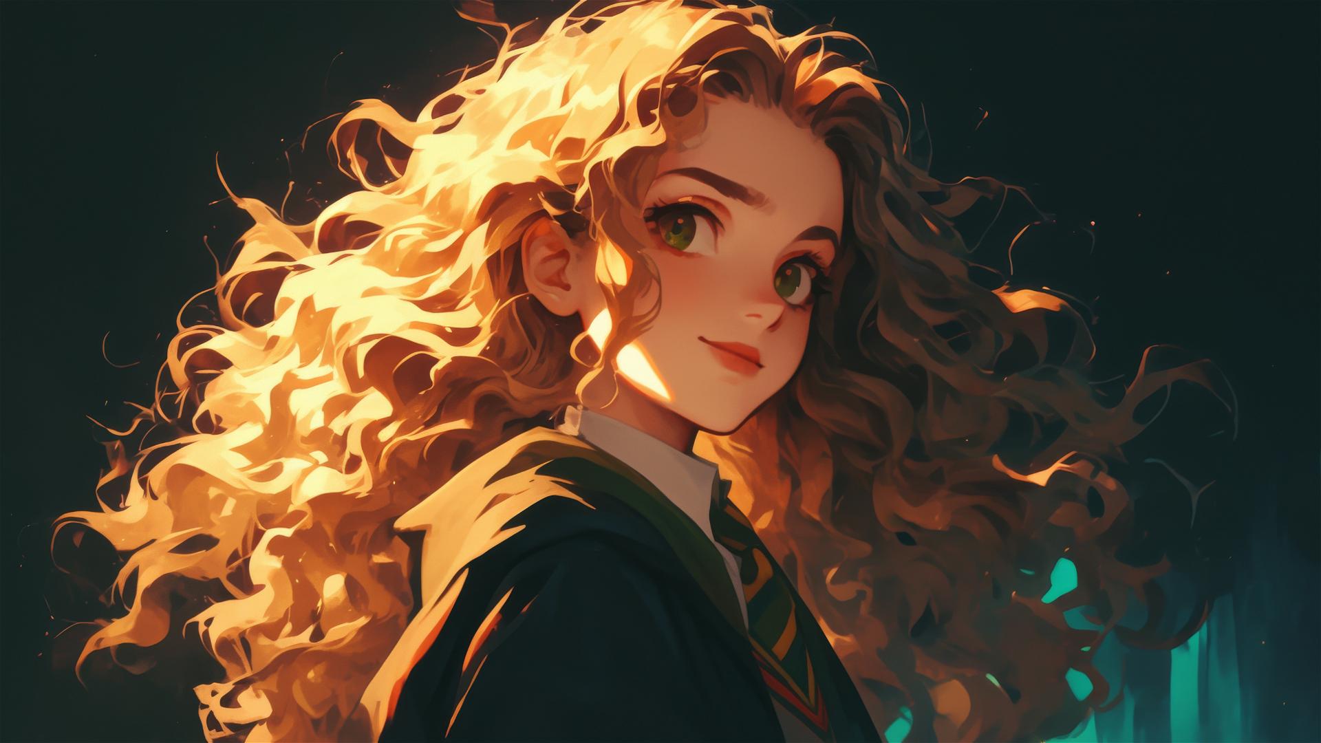 Illustration of Hermione Granger with a dark background and spotlight