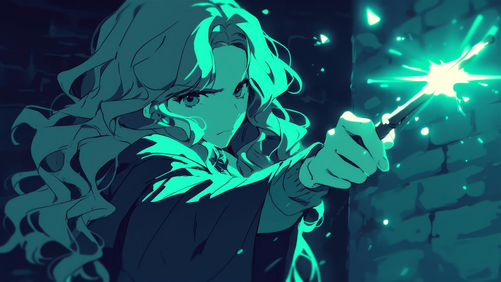 Artistic depiction of Hermione Granger with dark background and spotlight