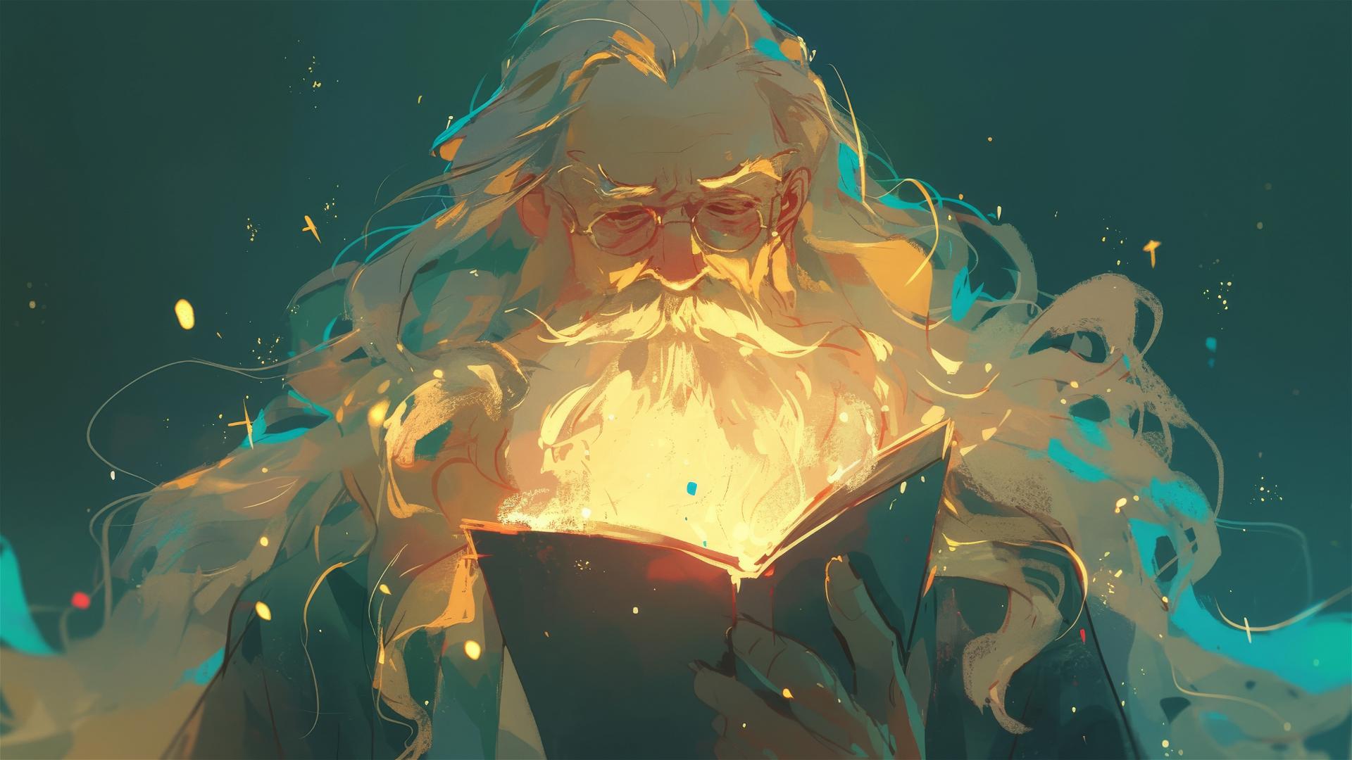 Illustration of Dumbledore with dark background and spotlight effect