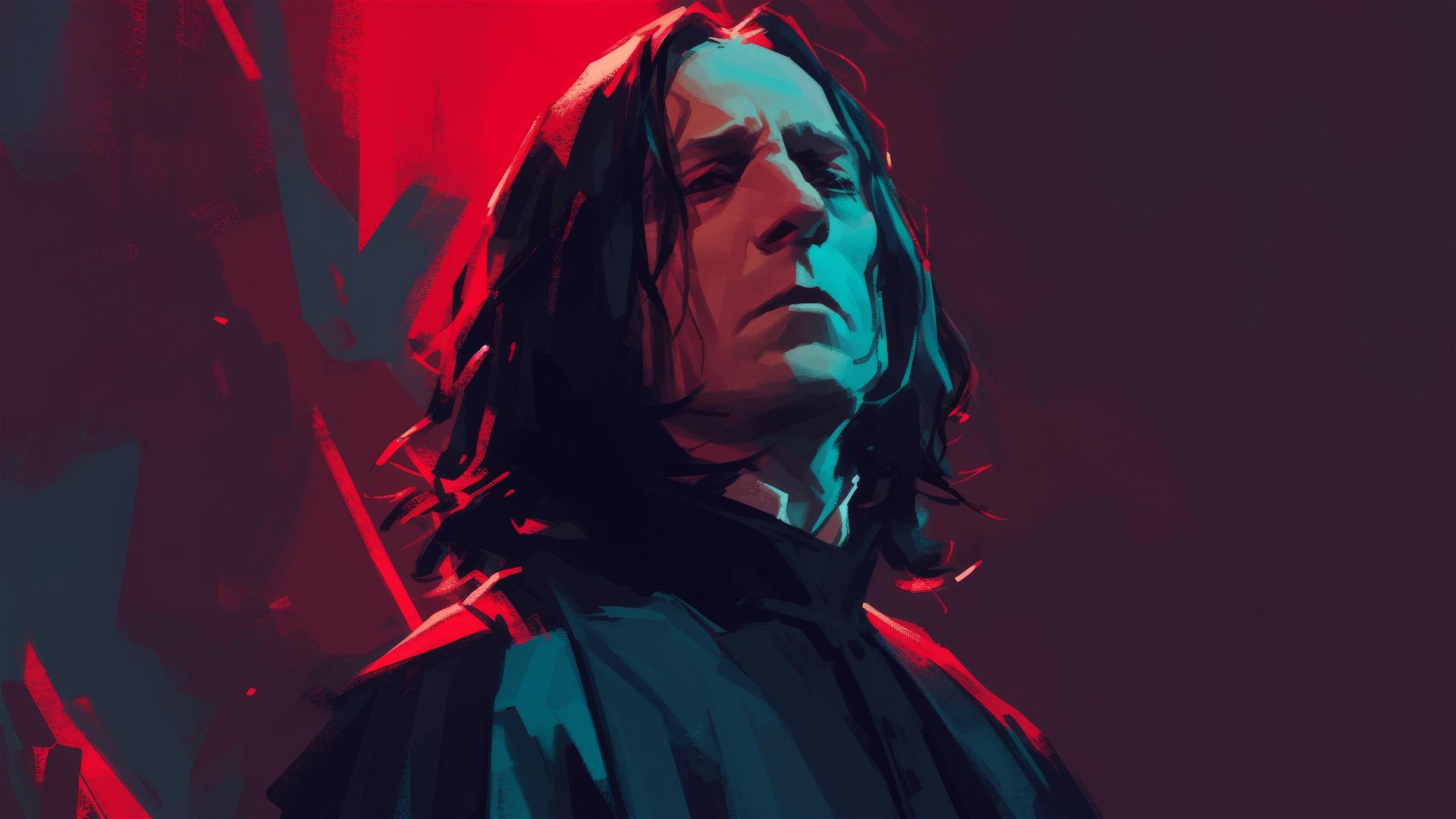 Snape illustration, dark backdrop, spotlight