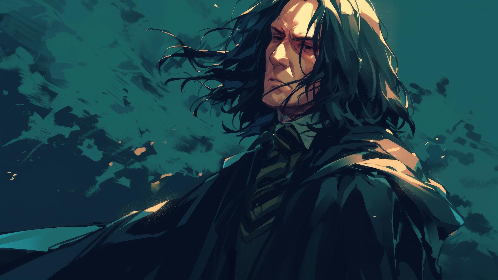 Artistic illustration of Severus Snape with a dark, spotlighted background