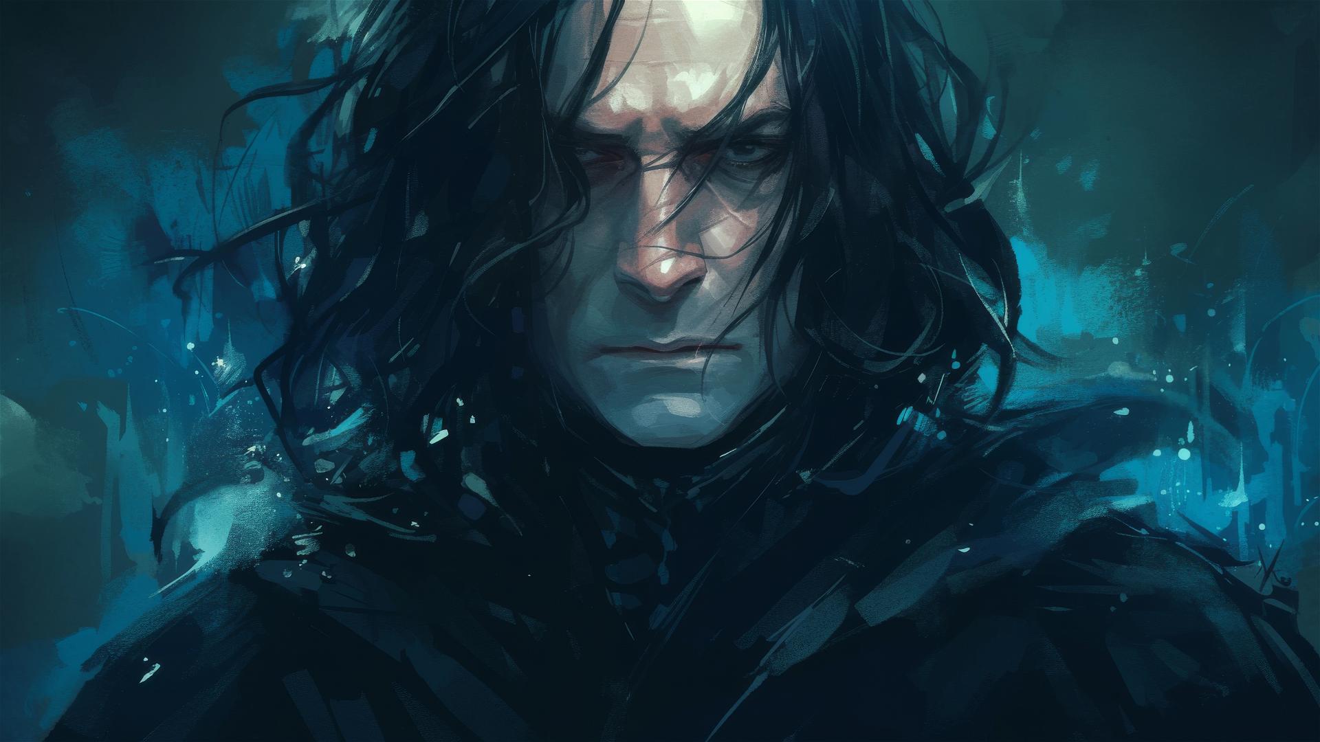 Artistic drawing of Severus Snape on dark background with spotlight