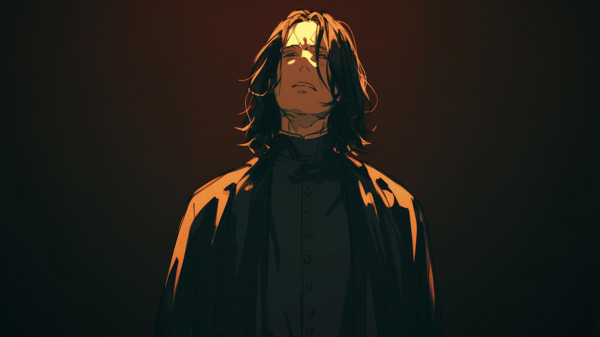 Illustration of Severus Snape on dark background with spotlight