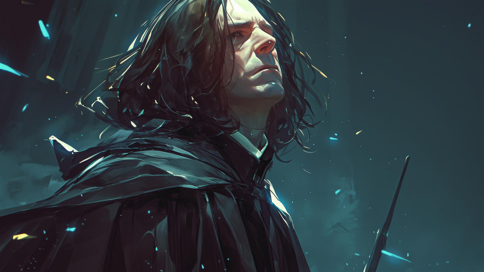 Illustration of Severus Snape on dark background with spotlight