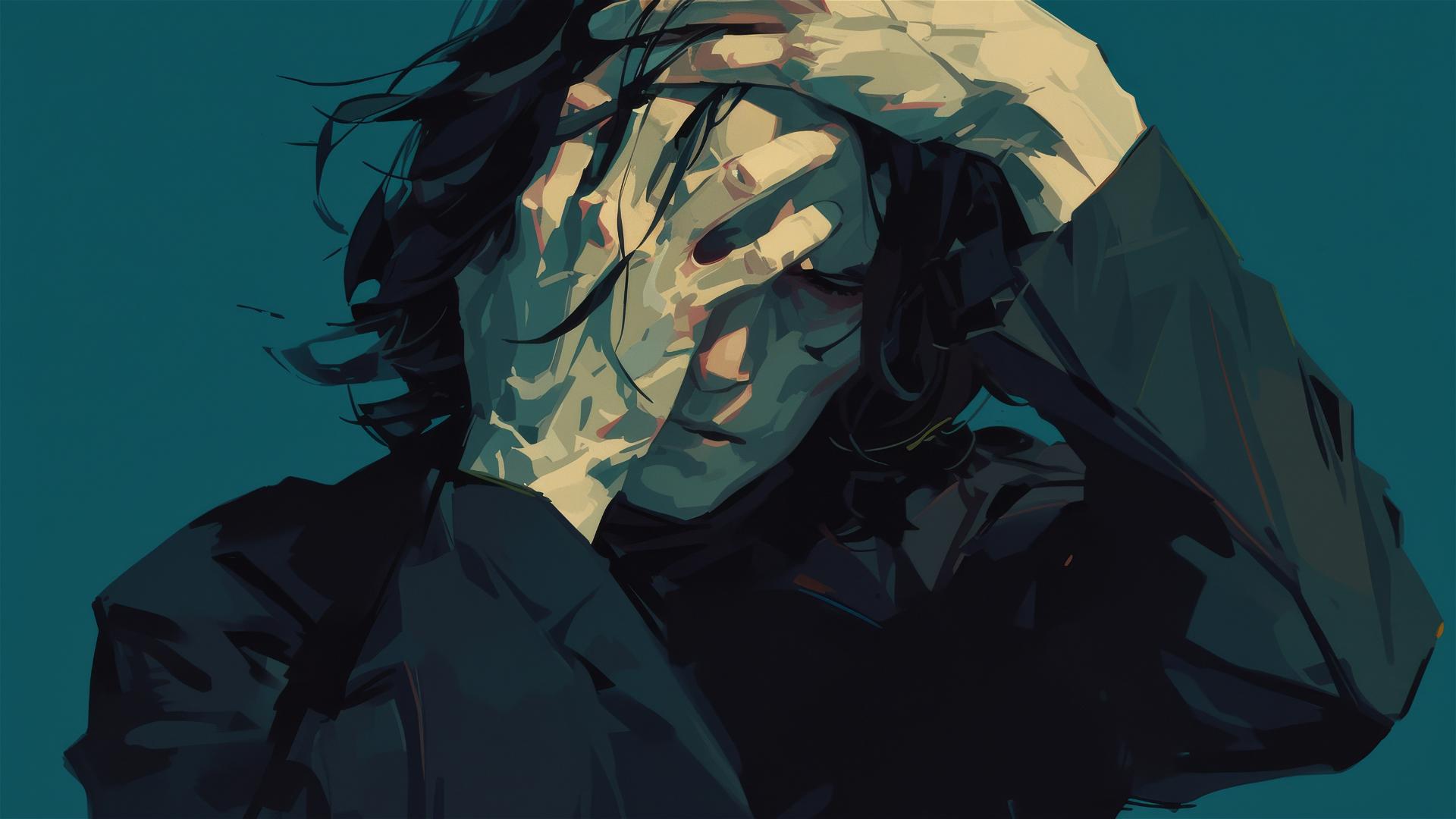 Artistic drawing of Severus Snape on dark background with spotlight
