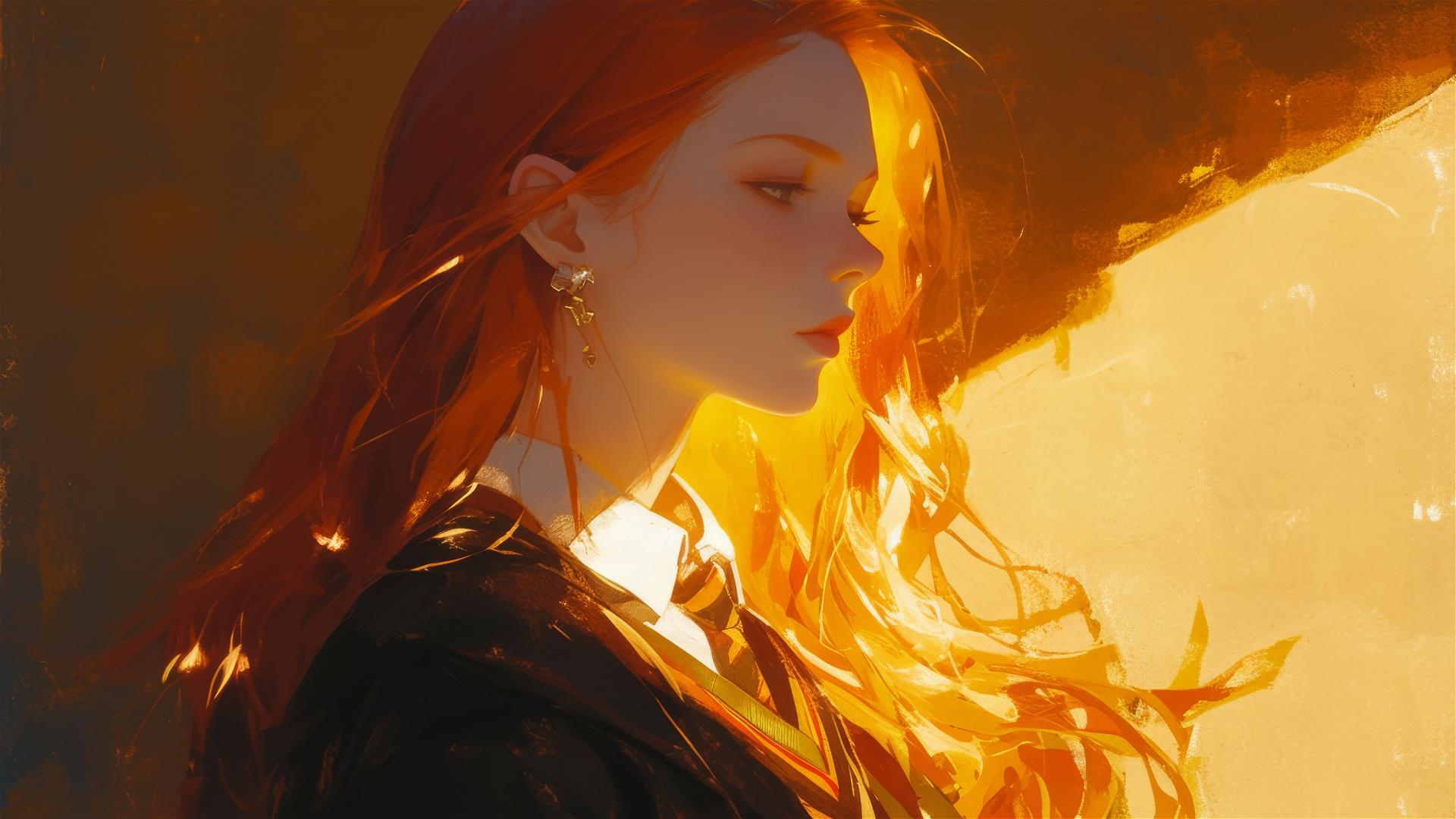 Ginny Weasley illustration on dark with spotlight