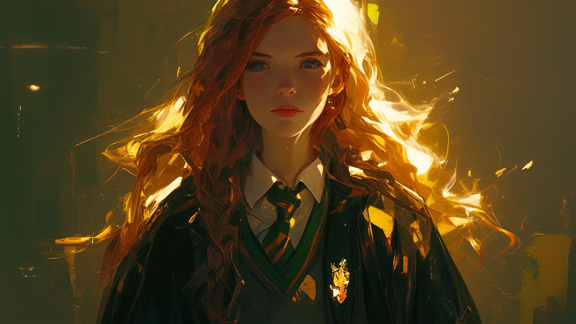 Ginny Weasley drawing with dark background and spotlight