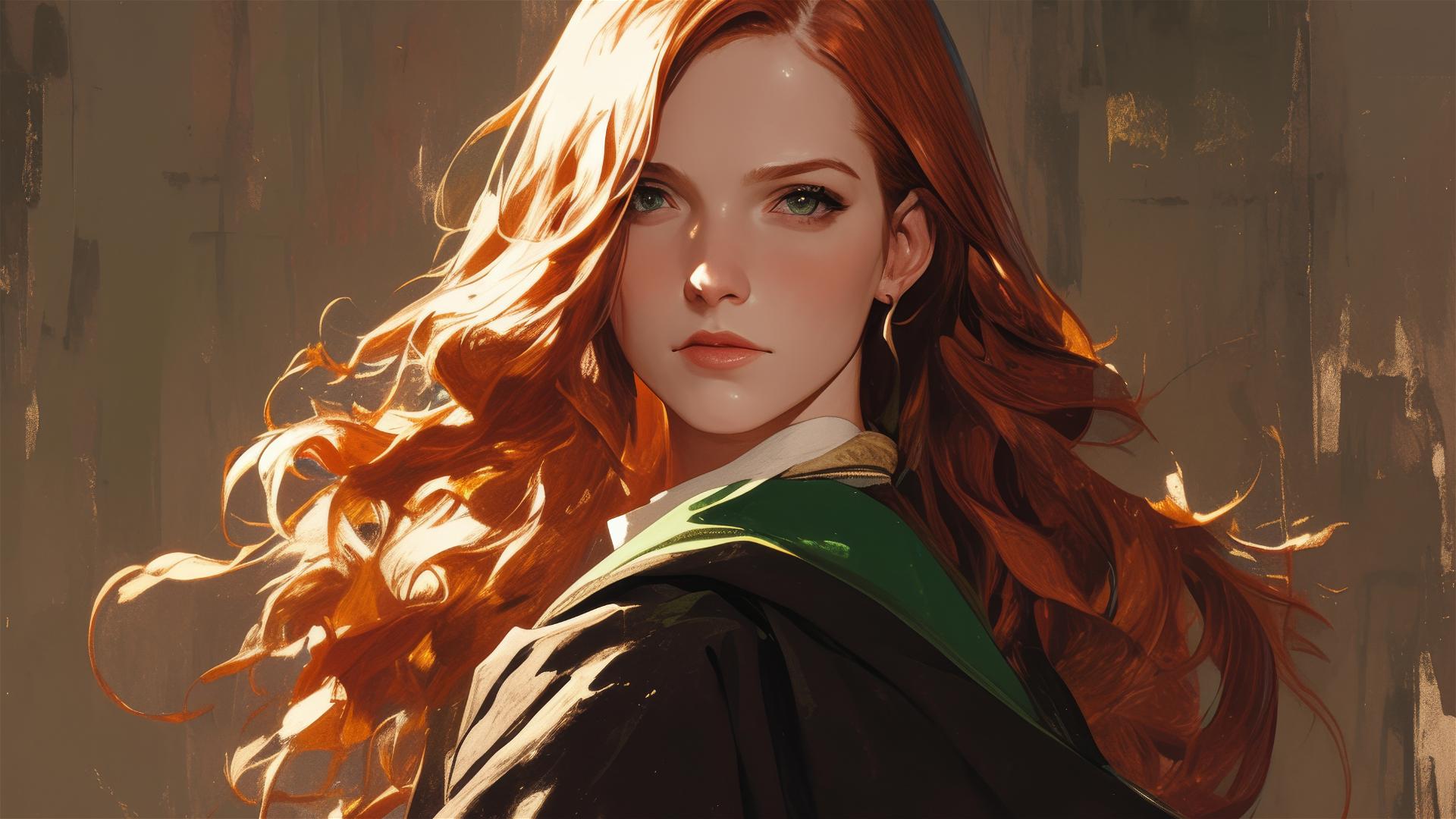 Artistic Ginny Weasley illustration on dark background