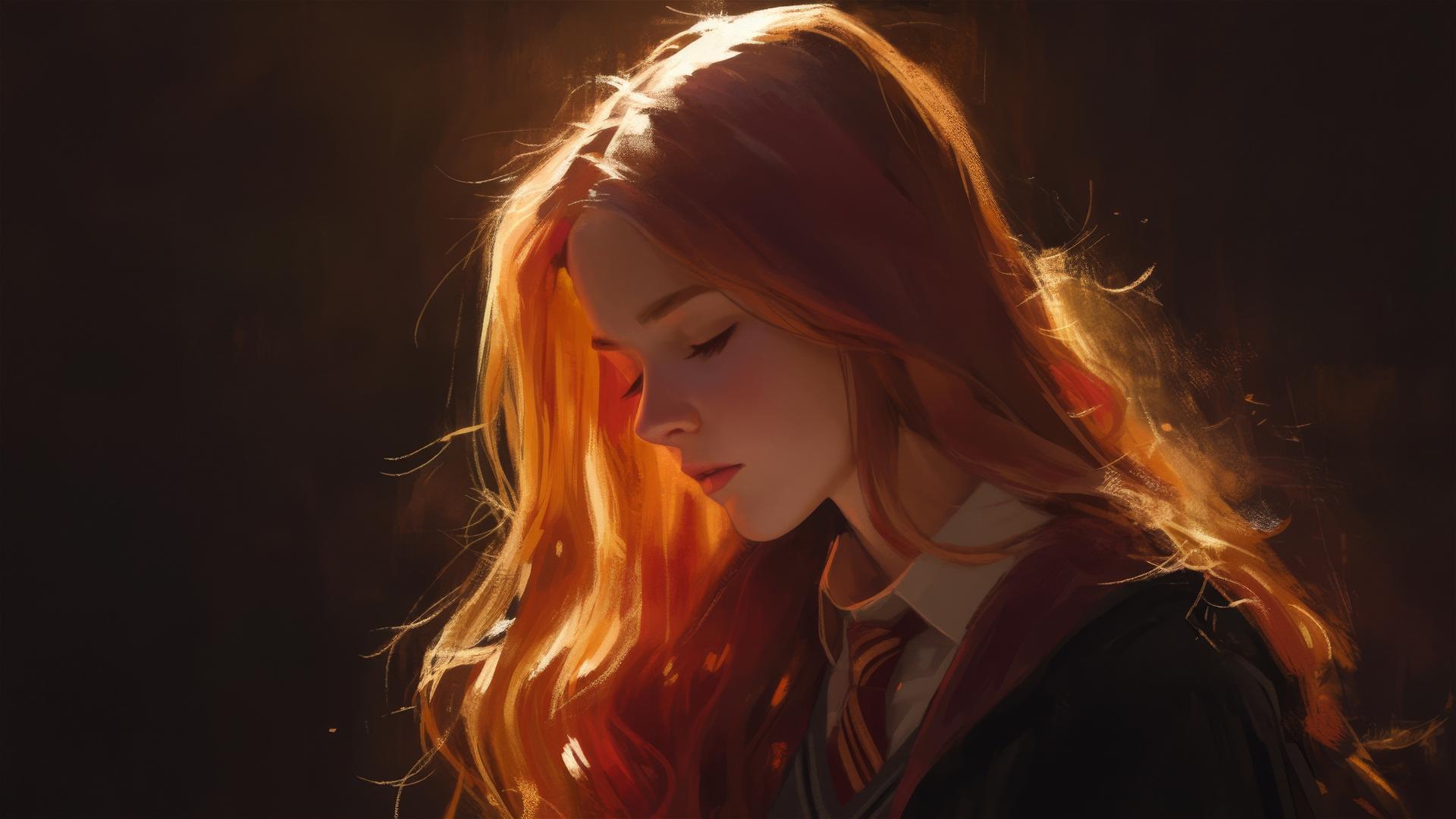 Artistic illustration of Ginny Weasley from Harry Potter on a dark background with spotlight effect
