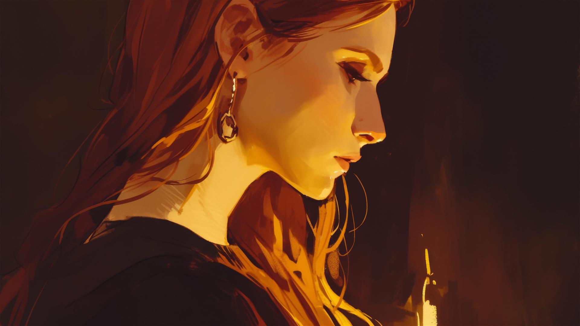 Artistic drawing of Ginny Weasley from Harry Potter on dark background with spotlight
