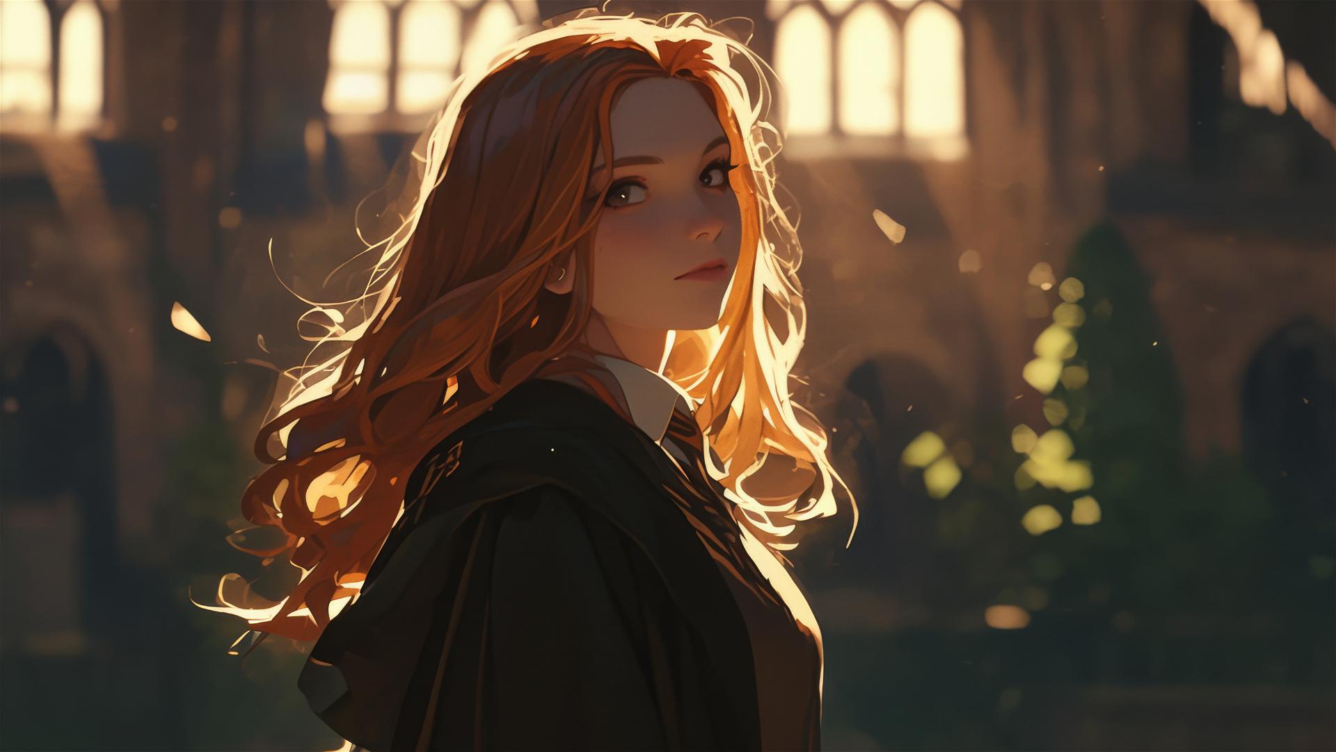 Ginny Weasley in spotlight on a dark background