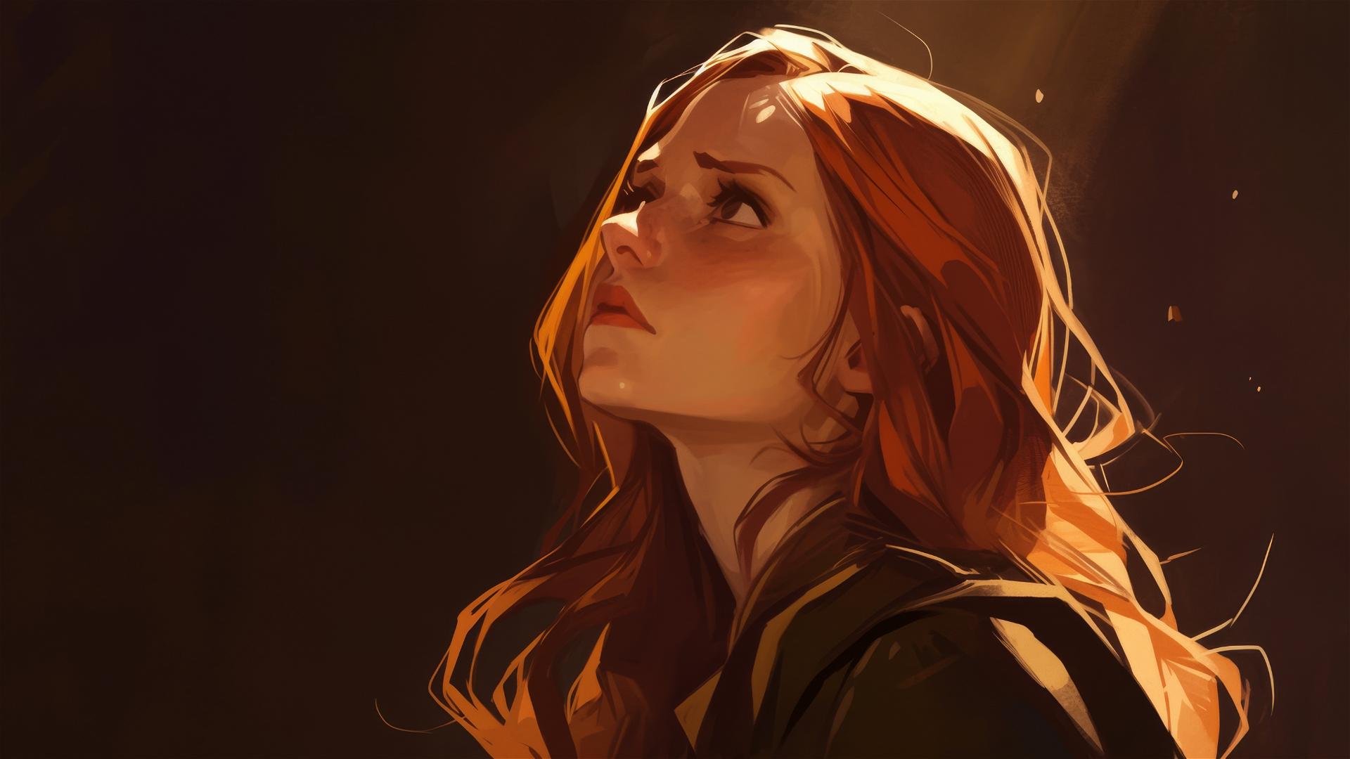 Artistic Ginny Weasley illustration on dark background with spotlight