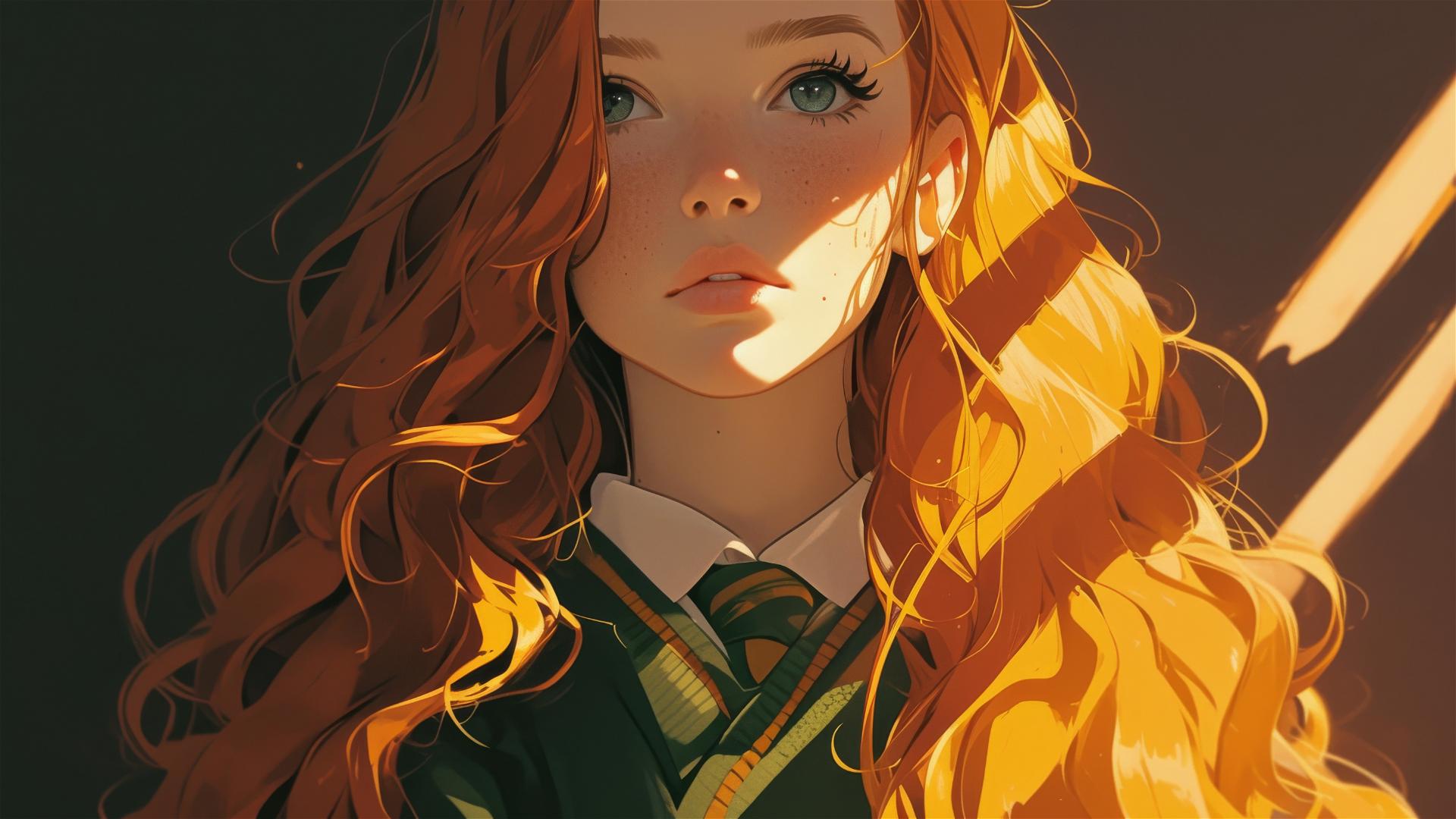 Ginny Weasley illustration on dark background with spotlight