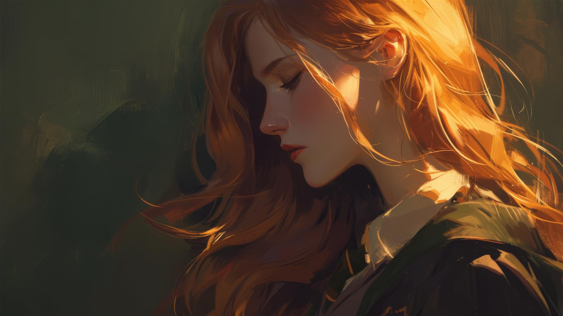 Illustration of Ginny Weasley on dark background with spotlight