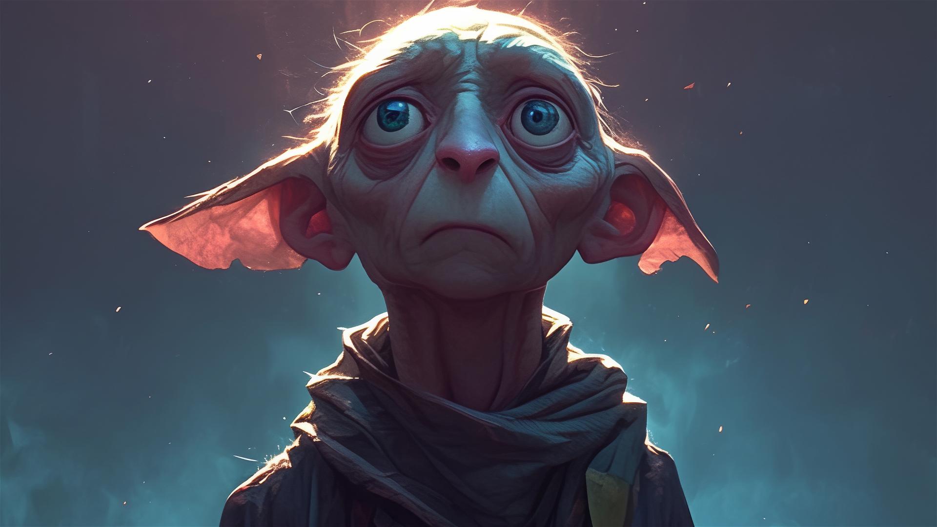 Dobby from Harry Potter in a spotlight on dark background