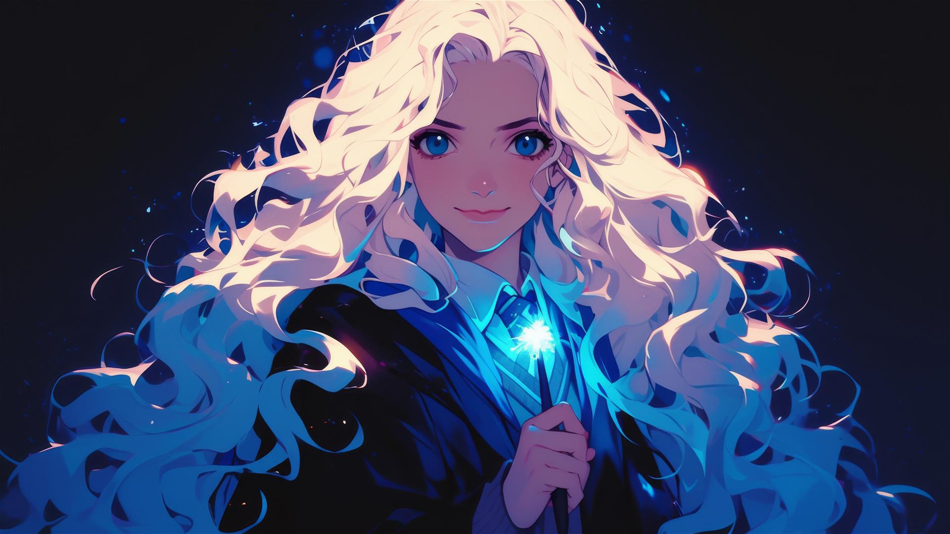Luna Lovegood illustration with dark background and spotlight