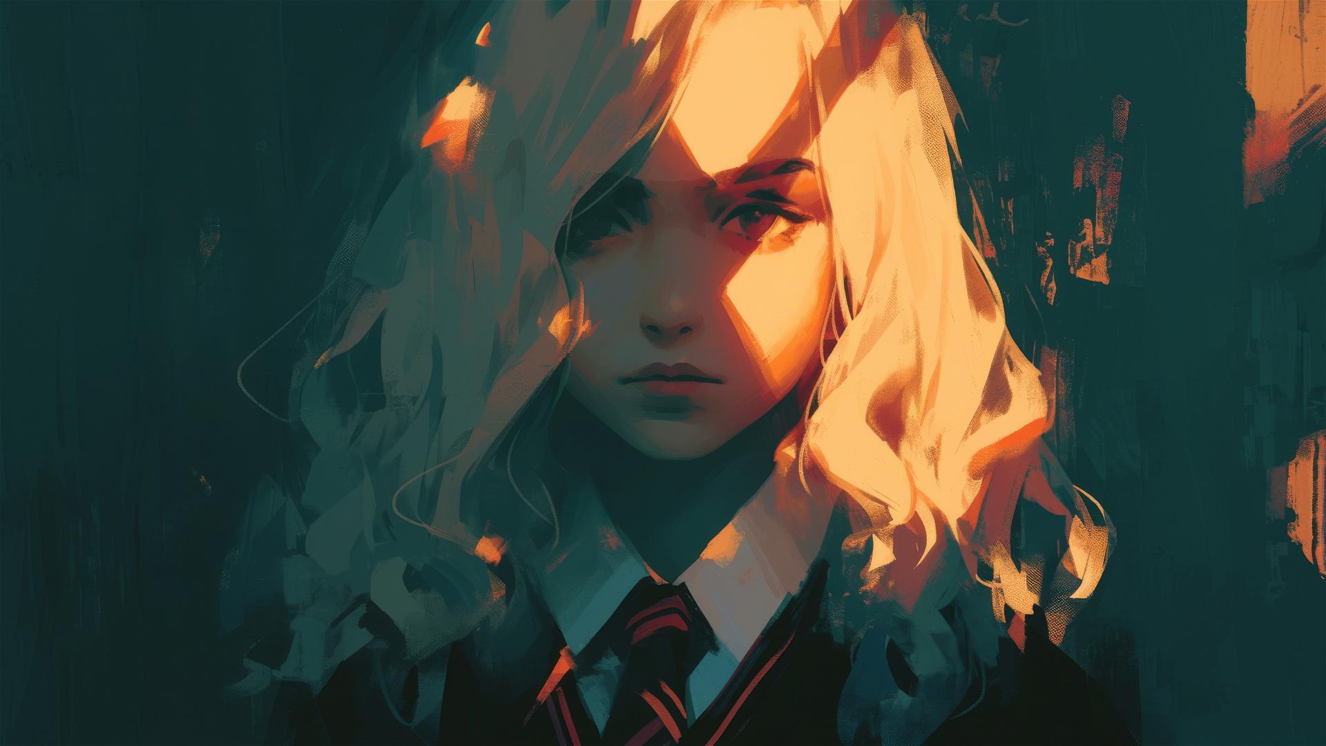 Artistic Luna Lovegood illustration on a dark background with spotlight