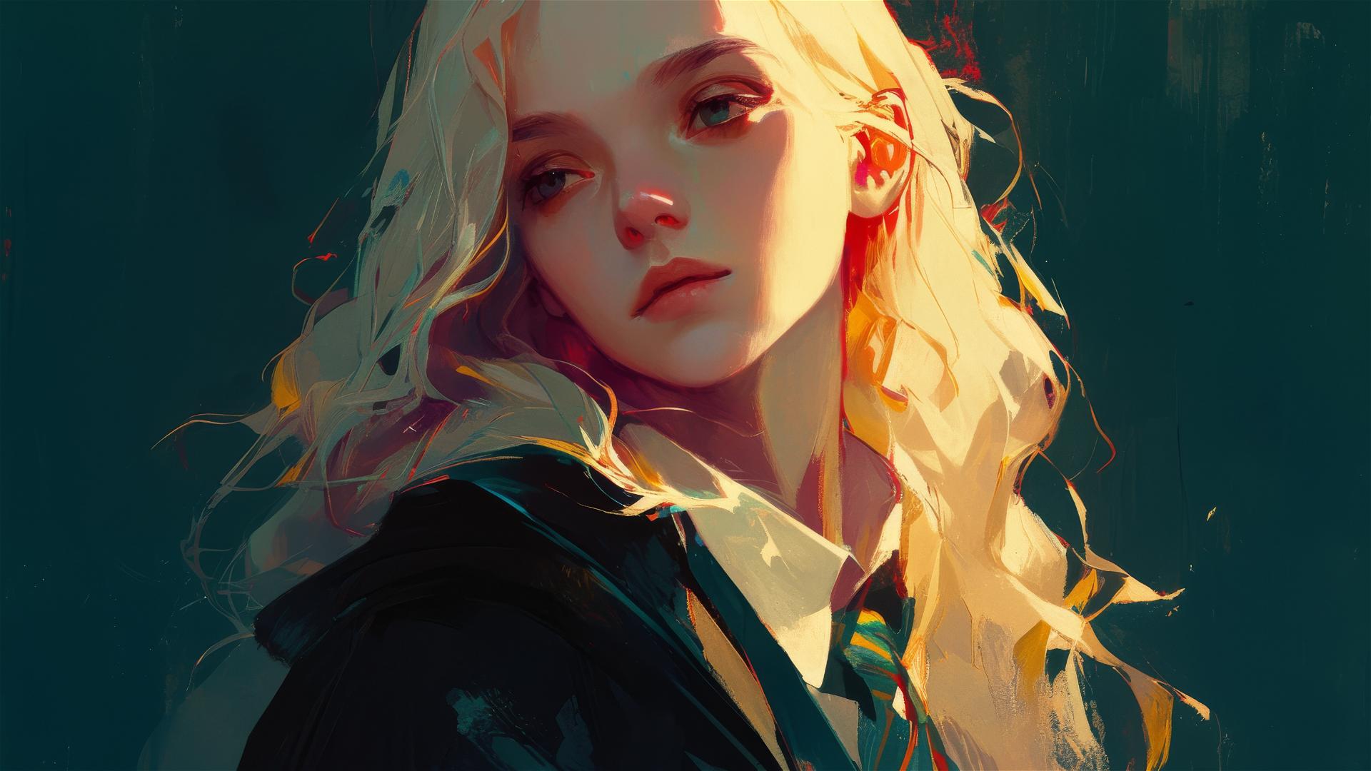 Luna Lovegood illustration with dark background and spotlight