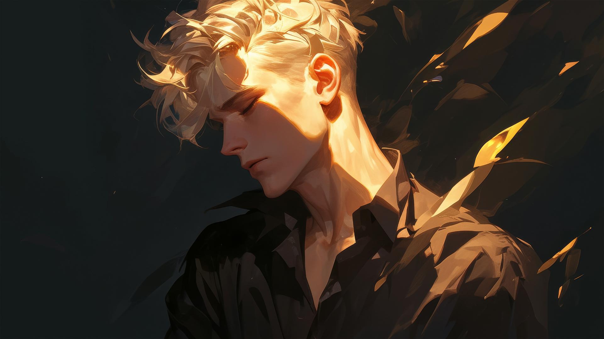 Artistic illustration of Draco Malfoy with golden hair in a spotlight on a dark background
