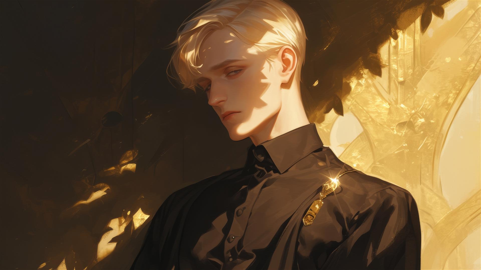 Artistic illustration of Draco Malfoy from Harry Potter with golden hair on a dark background with a spotlight effect