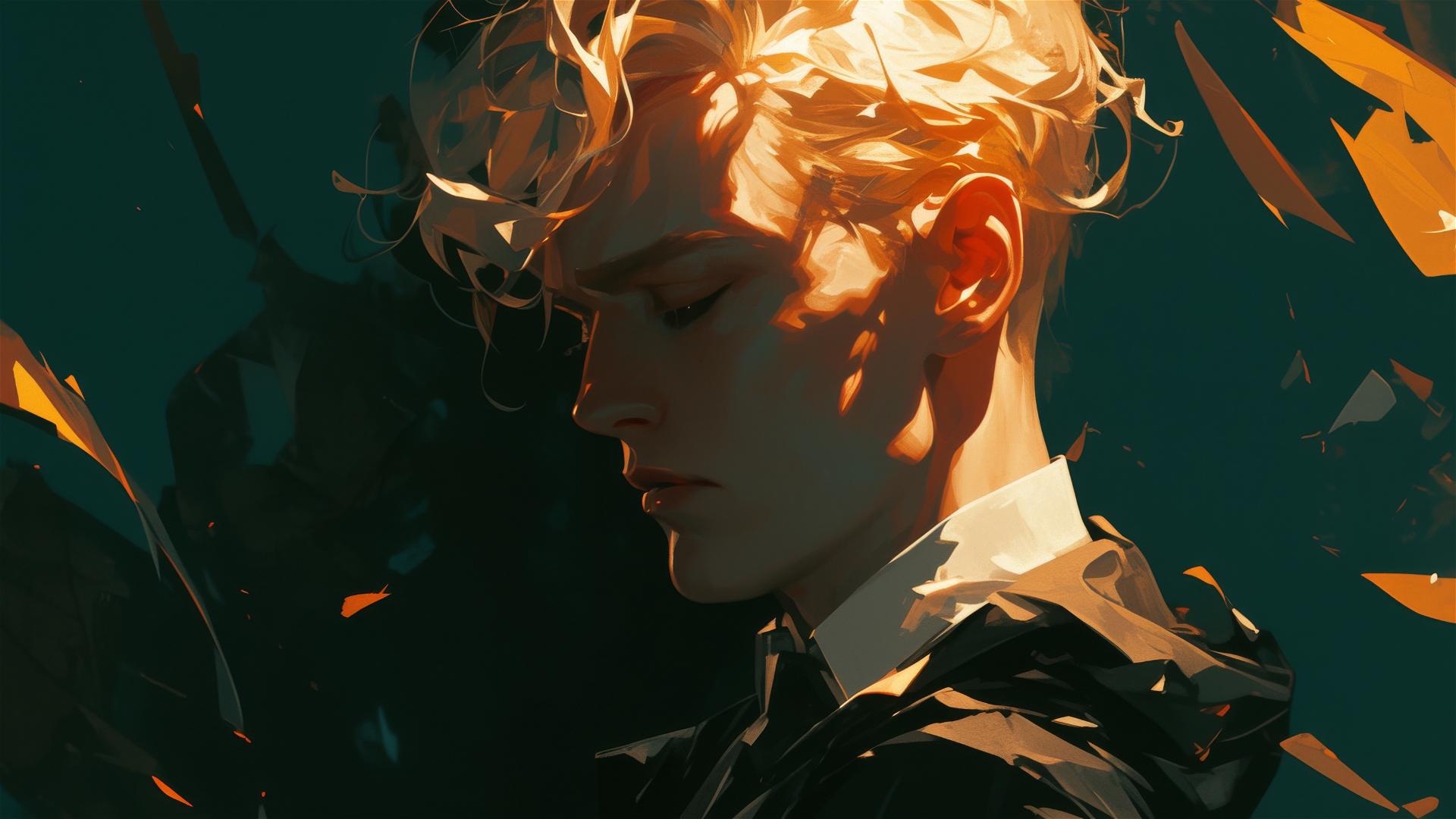 Artistic illustration of Draco Malfoy with golden hair on a dark background
