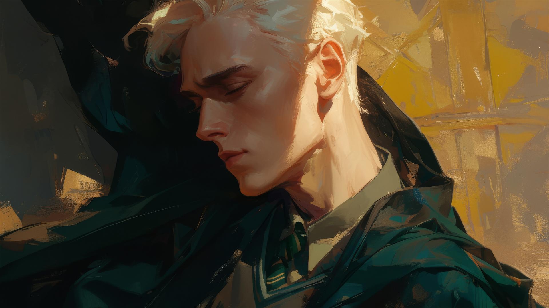 Draco Malfoy illustration with golden hair on dark background