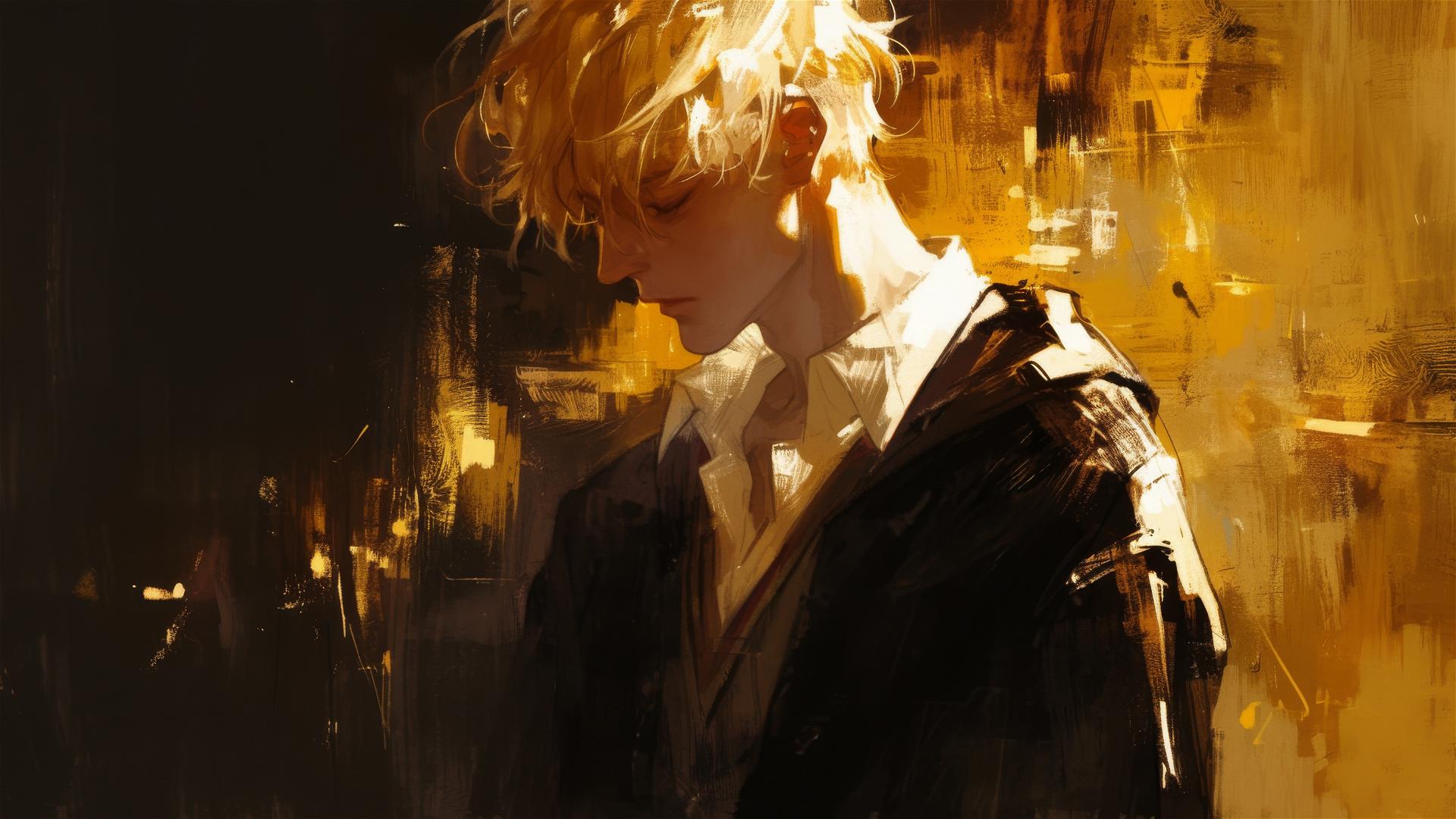 Draco Malfoy from Harry Potter illustrated with golden hair on dark background