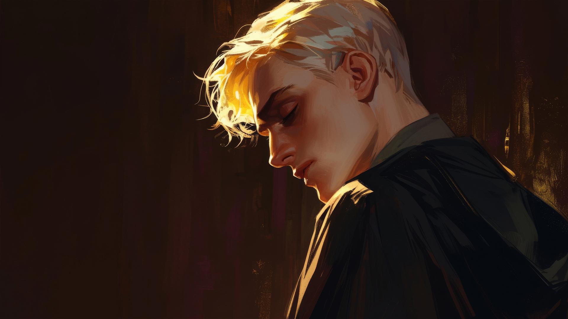 Artistic illustration of Draco Malfoy with golden hair on dark background
