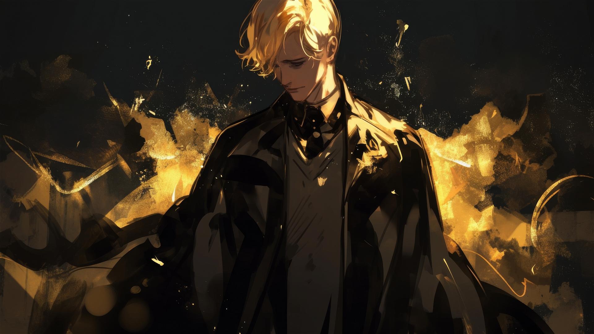 Handsome Draco Malfoy from Harry Potter with golden hair, dark backdrop, spotlight