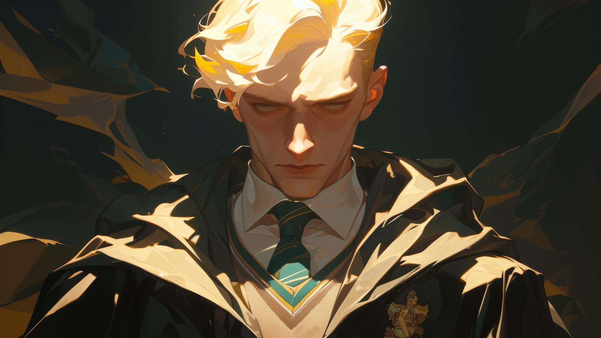 Artistic Draco Malfoy illustration with golden hair on dark background