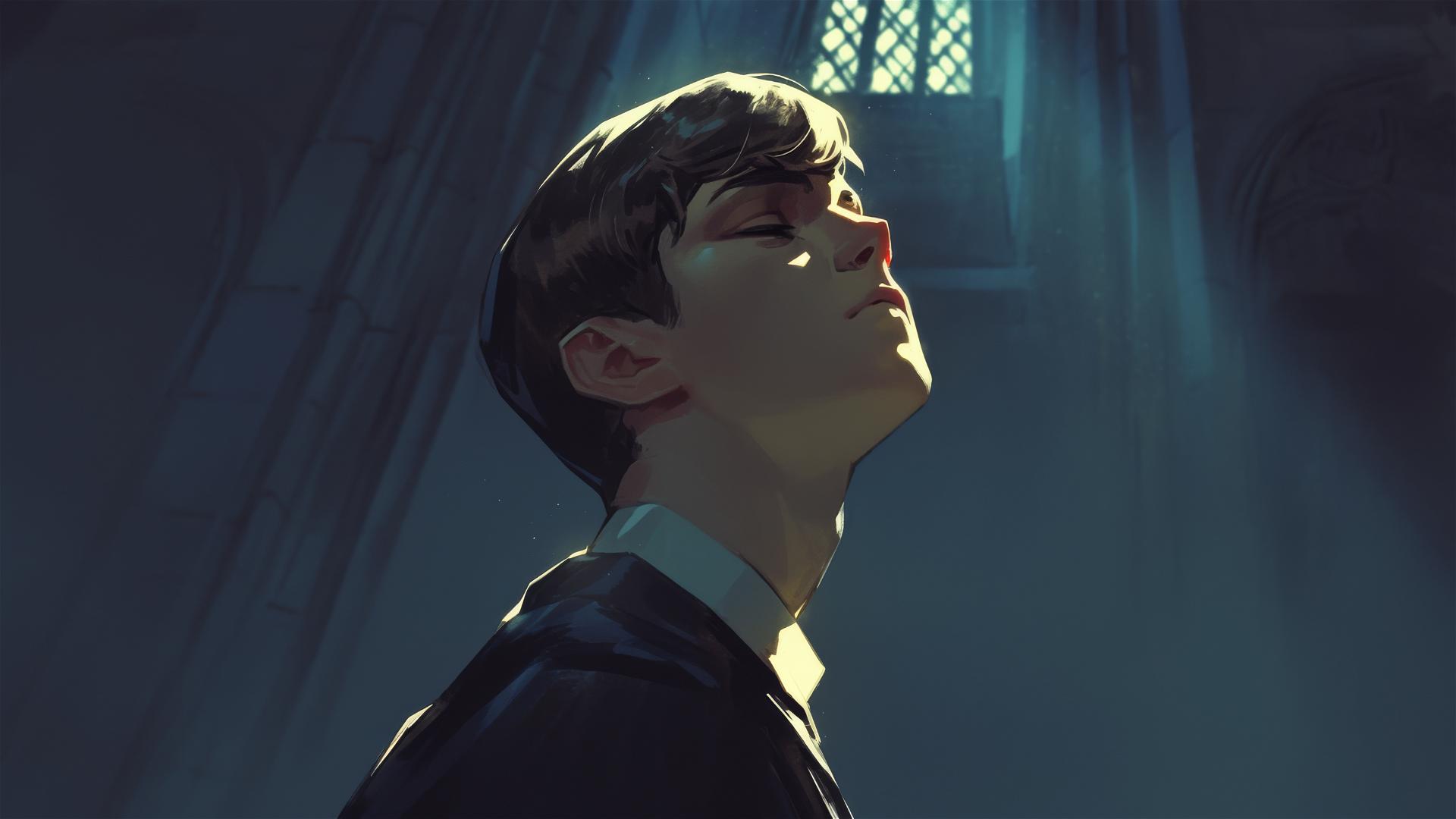 Isolated Neville Longbottom illustration on dark background with spotlight