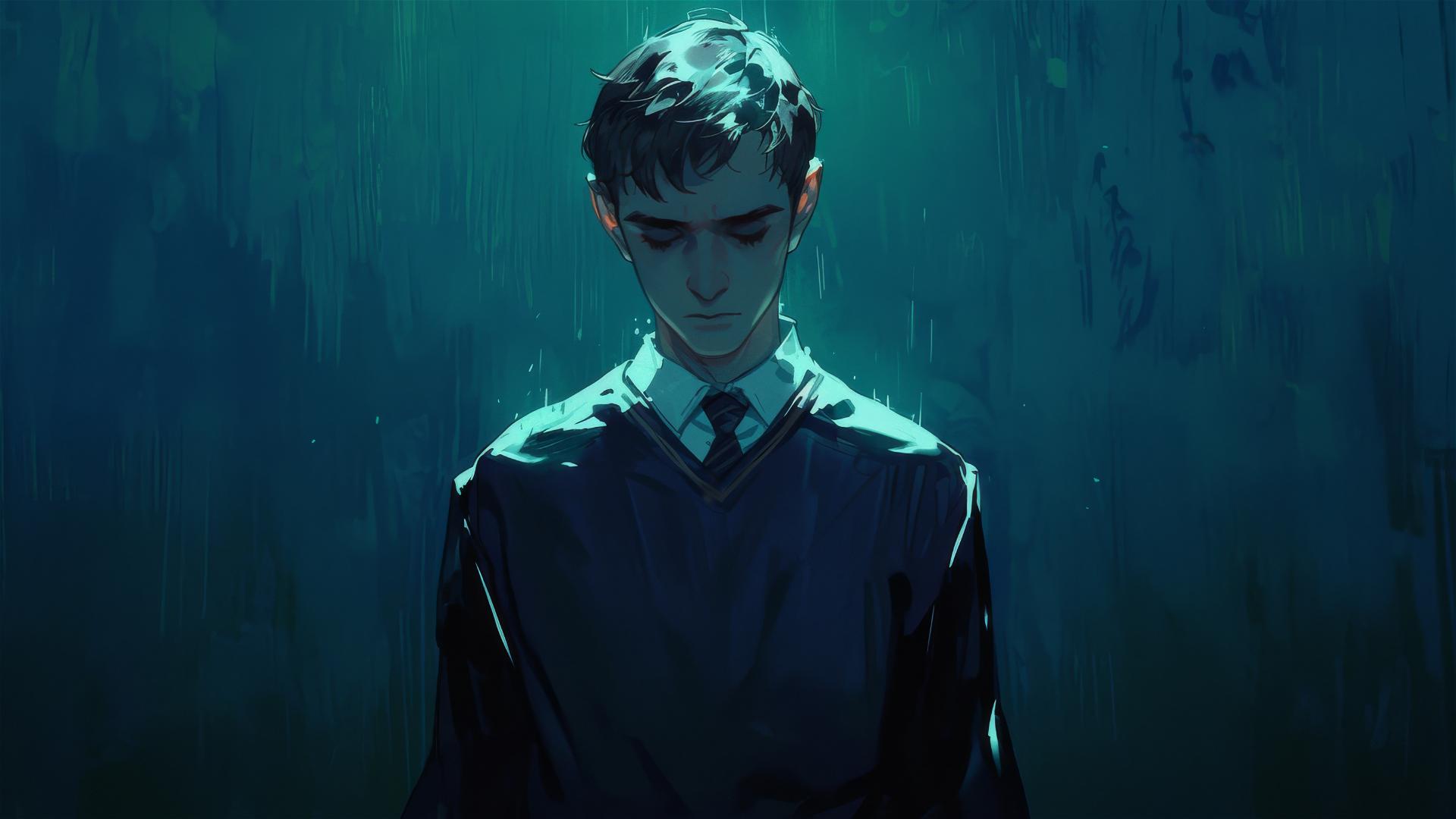 Artistic drawing of Neville Longbottom on a dark background with a spotlight