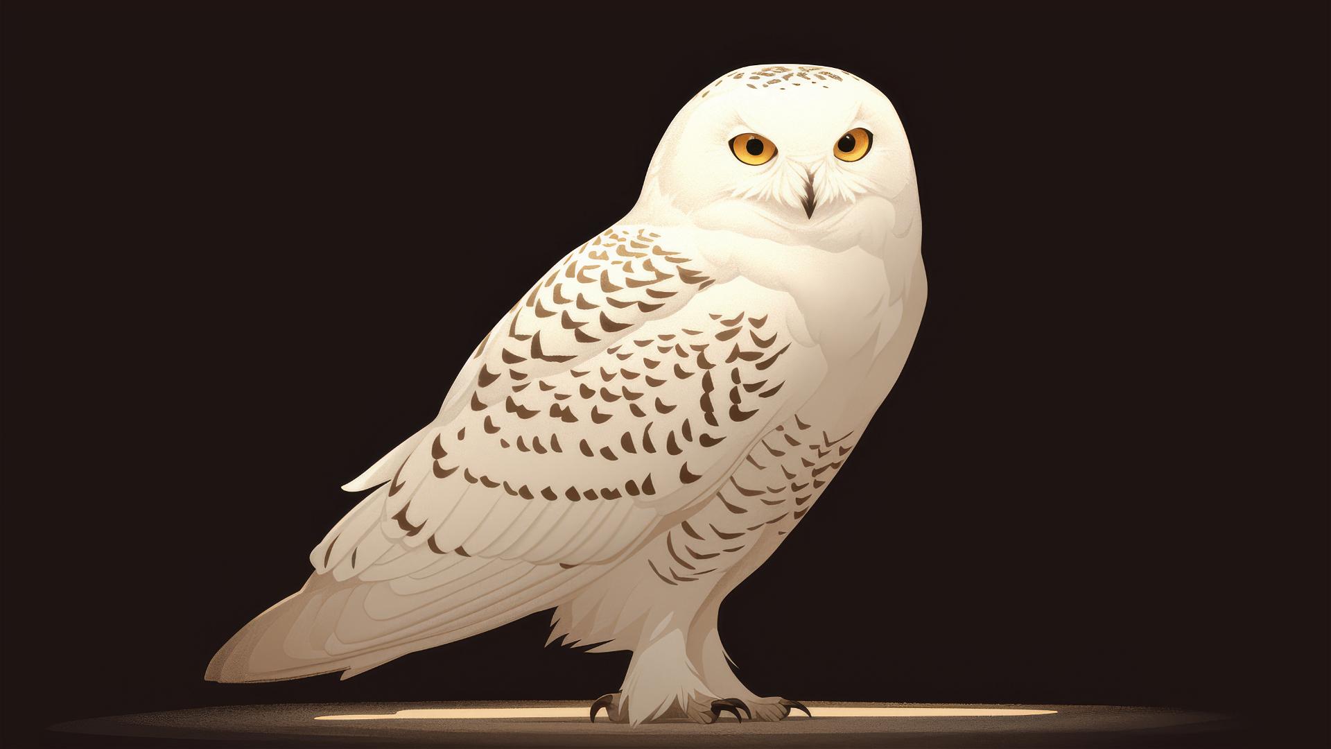 Artistic drawing of Hedwig the owl on a dark background with a spotlight