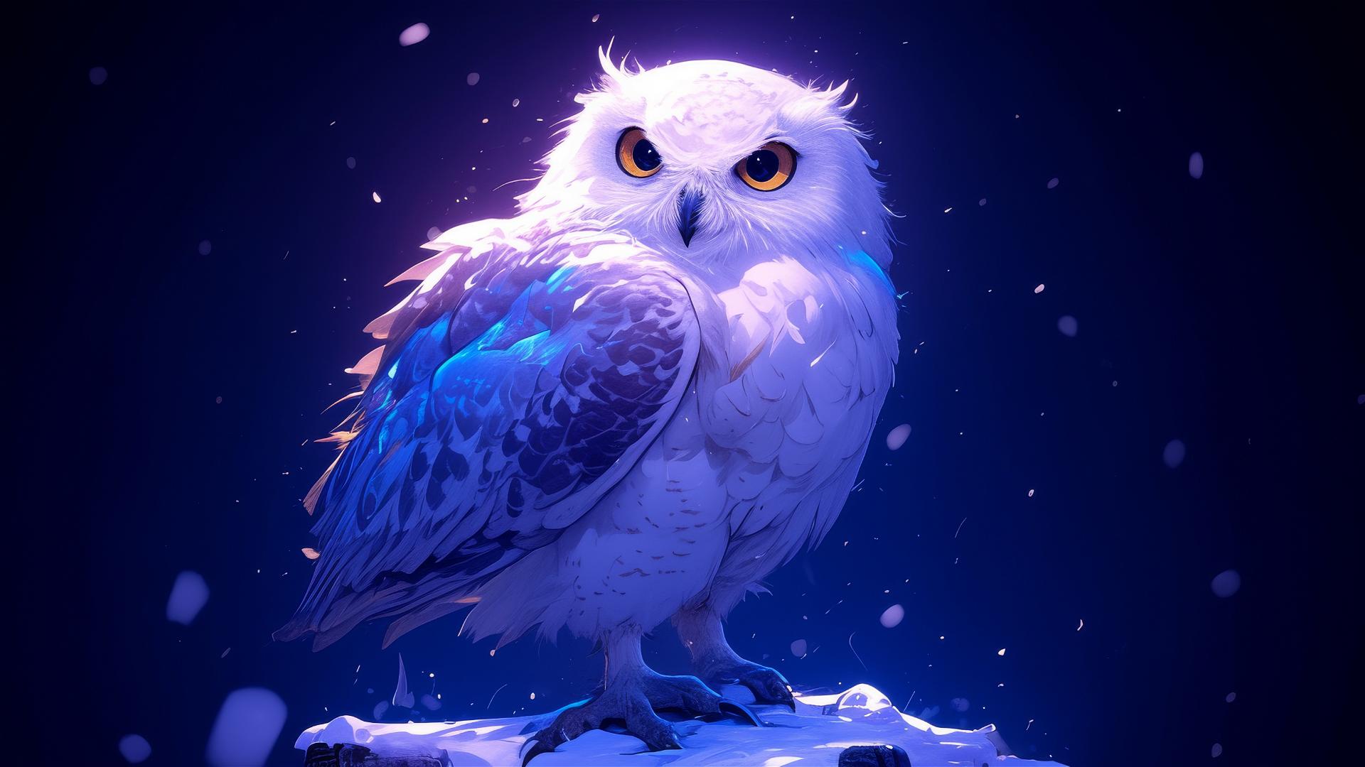 Artistic illustration of Hedwig the owl with dark background and spotlight