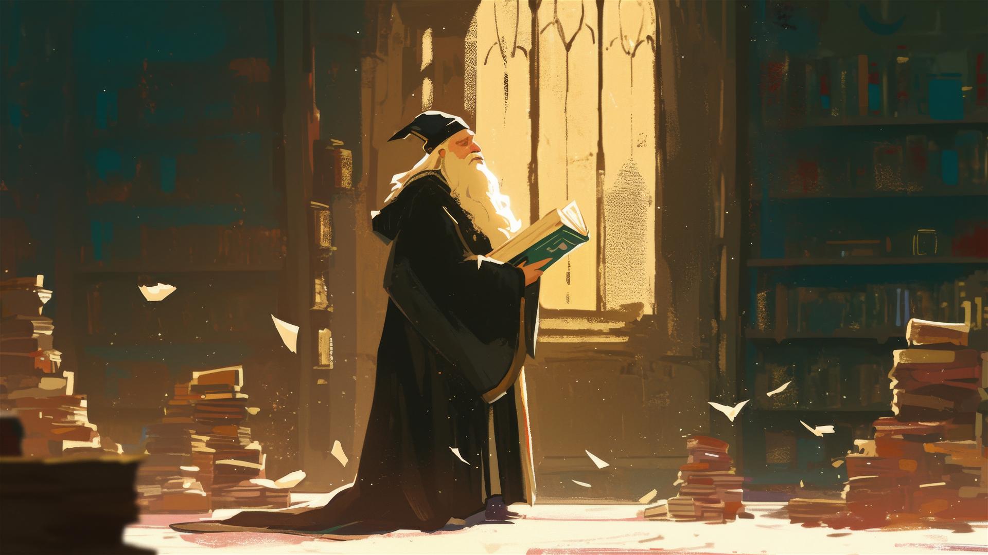 Albus Dumbledore illustration on dark background with spotlight