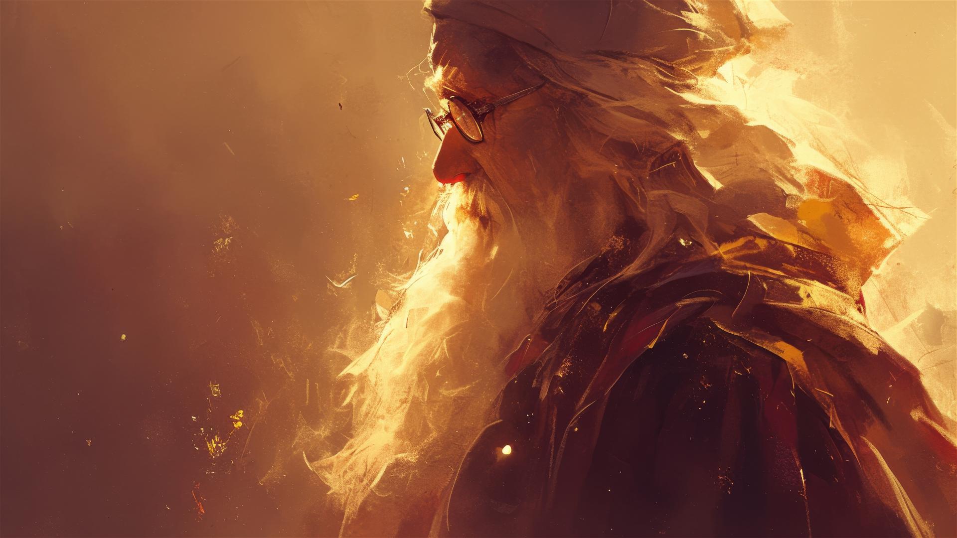 Art illustration of Dumbledore on a dark background with spotlight