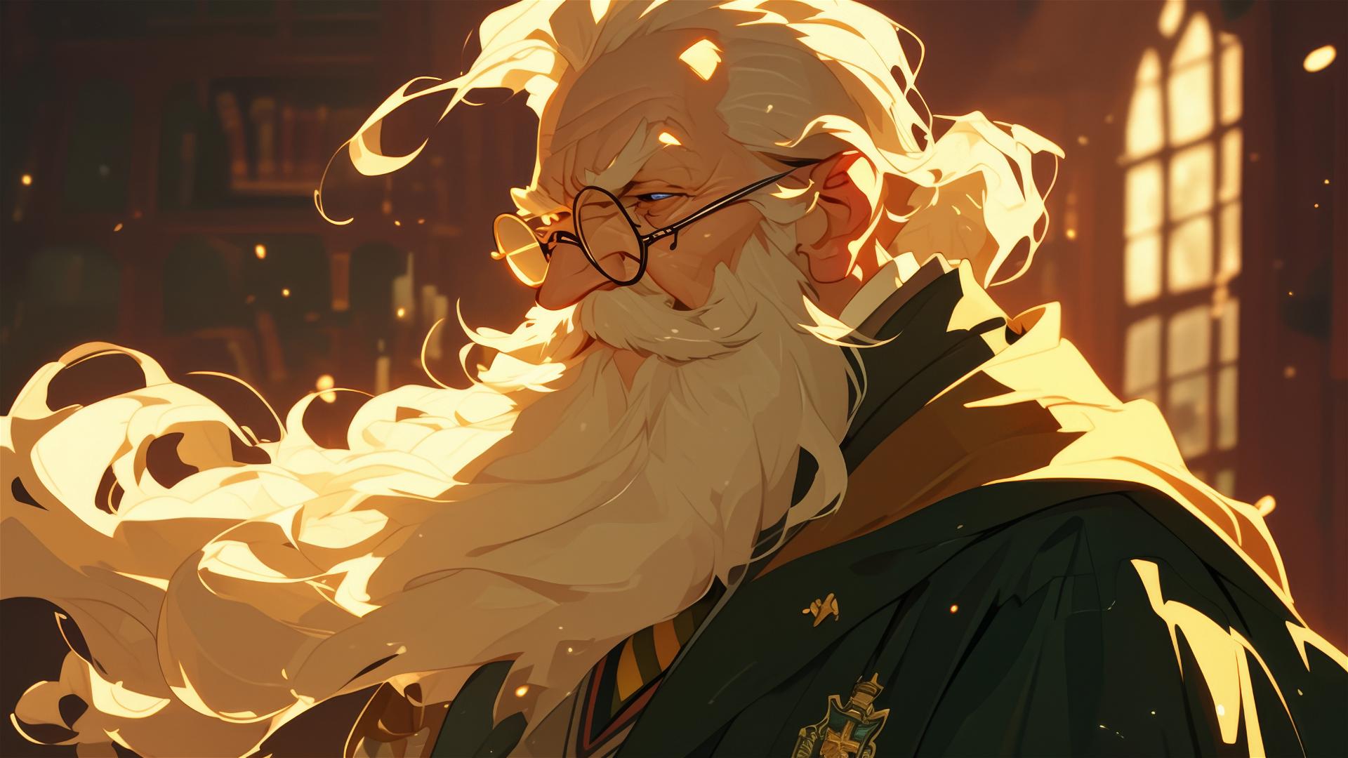 Albus Dumbledore illustration on dark background with spotlight